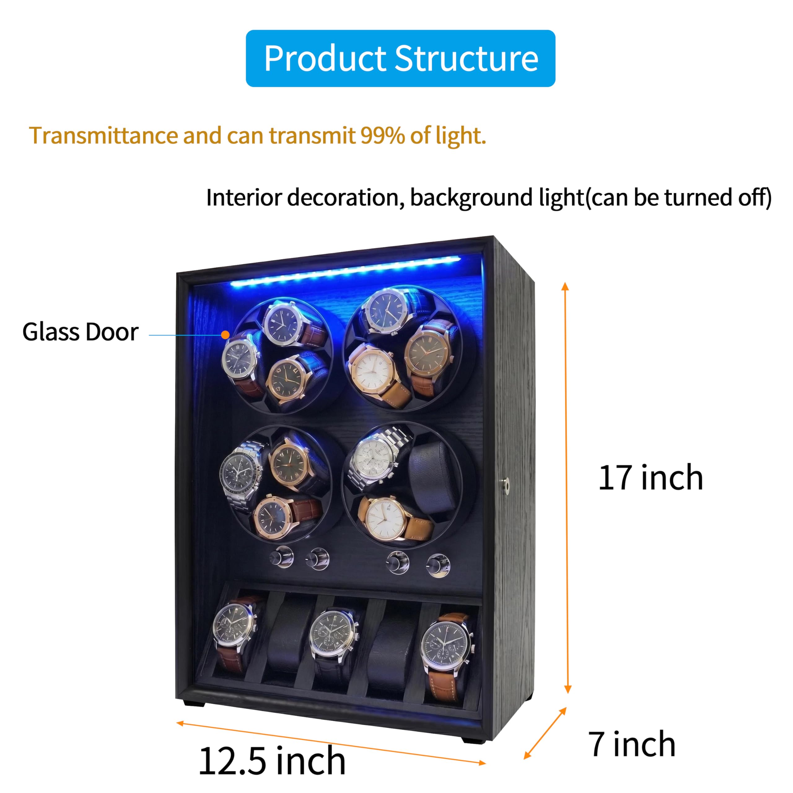 Oryx Uhrenbeweger für 4/6/9 Automatikuhren, Rotierende Uhrenbox 5 Rotationsmodi Einstellung Vitrine mit extra Uhrenspeichern und LED-Licht, abschließbare Winders USB-betriebener super leiser