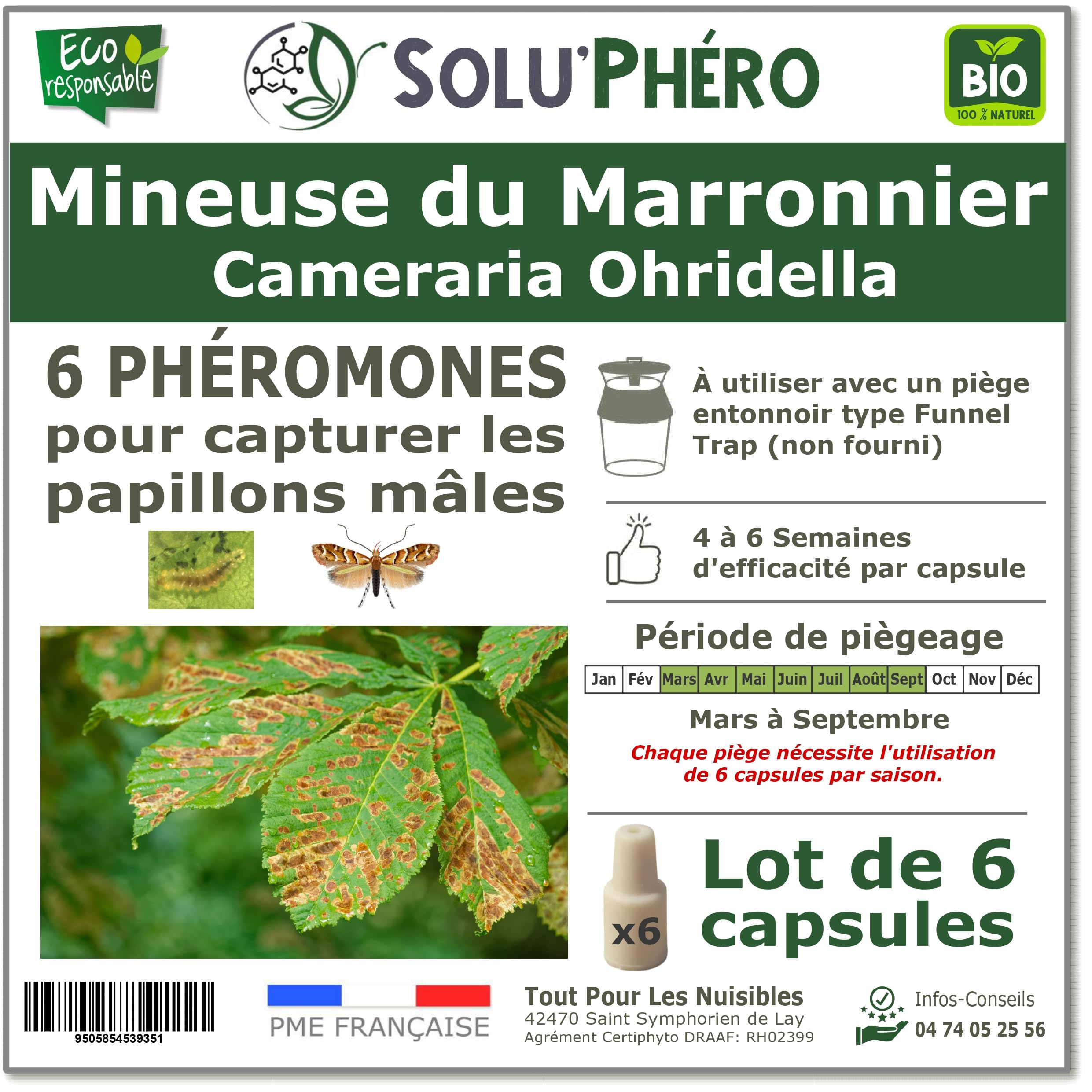 SOLUPHERO - 6 Phéromones Mineuse Marronnier Bio - Efficacité par Capsule de 4 à 6 Semaines - Phéromone Écologique de Contrôle de Cameraria Ohridella