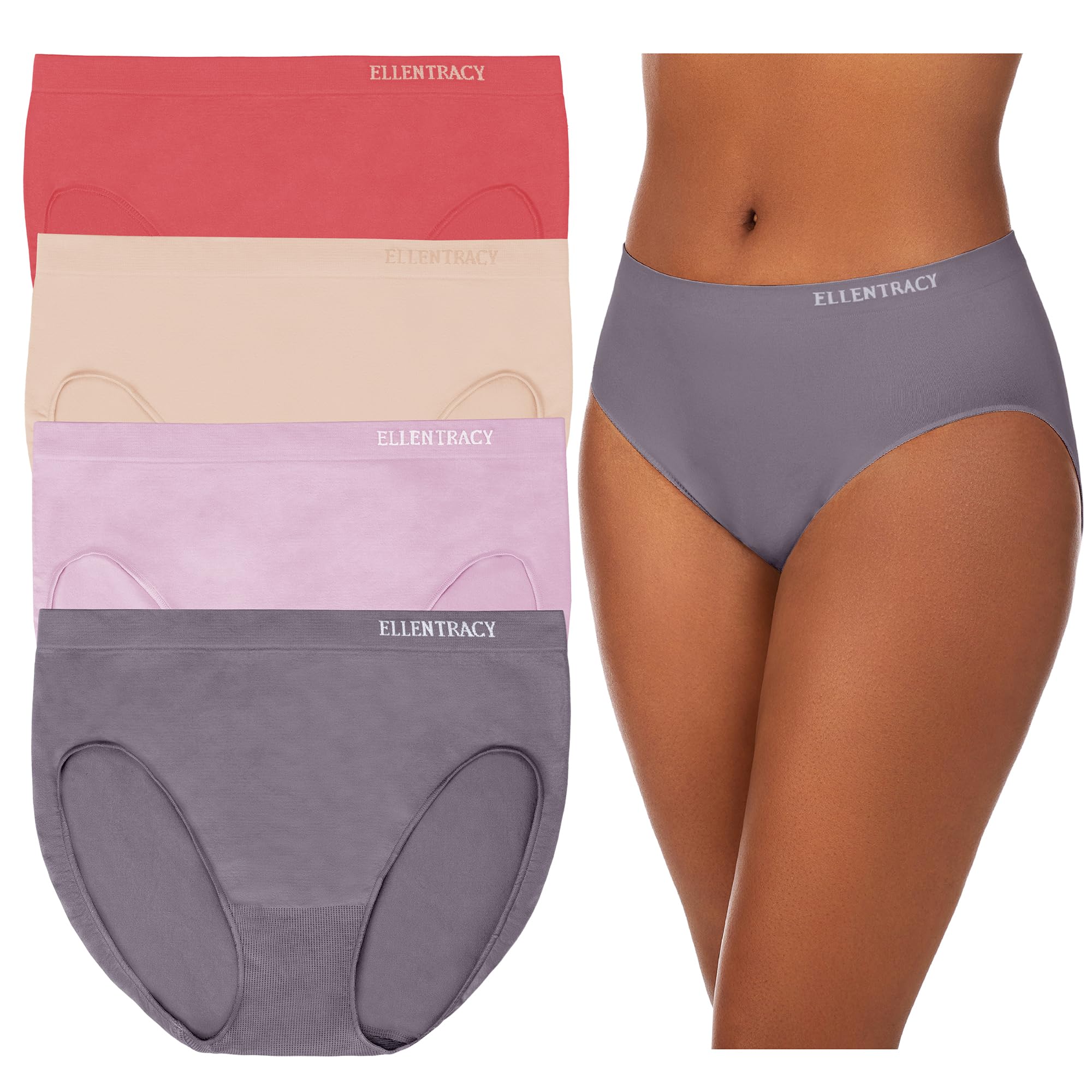 ELLEN TRACY Women’s High Cut Brief Panties Breathable Seamless Underwear 4-Pack Multipack (Regular & Plus Size)