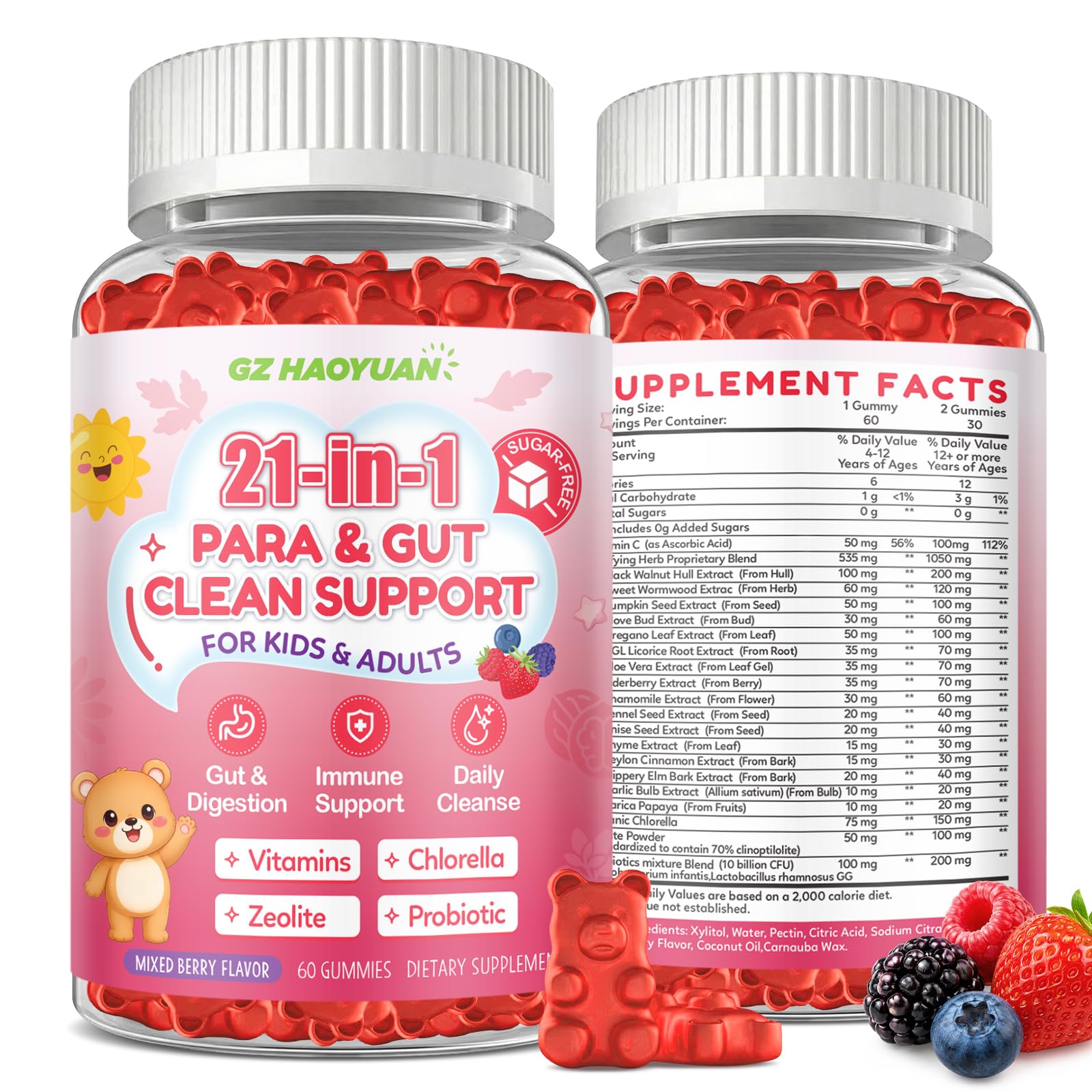 21 in 1 Parasite Cleanse for Humans & Kids, Herbal Gut Cleanse Gummies– Wormwood, Black Walnut, Zeolite, Chlorella, 10B Probiotics & Clove, Support Digestive Health Detox, Mixed Berry Flavor, 60Ct