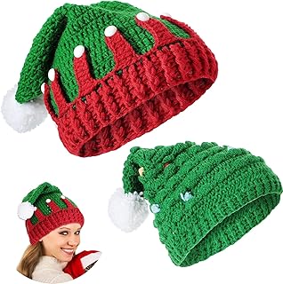 Sumind 2 Pieces Unisex Christmas Knit Beanie Santa Hat Winter Warm Crochet Bearded Cap with Fur Pom Pom Handmade Knitted Reindeer Cap for Adult