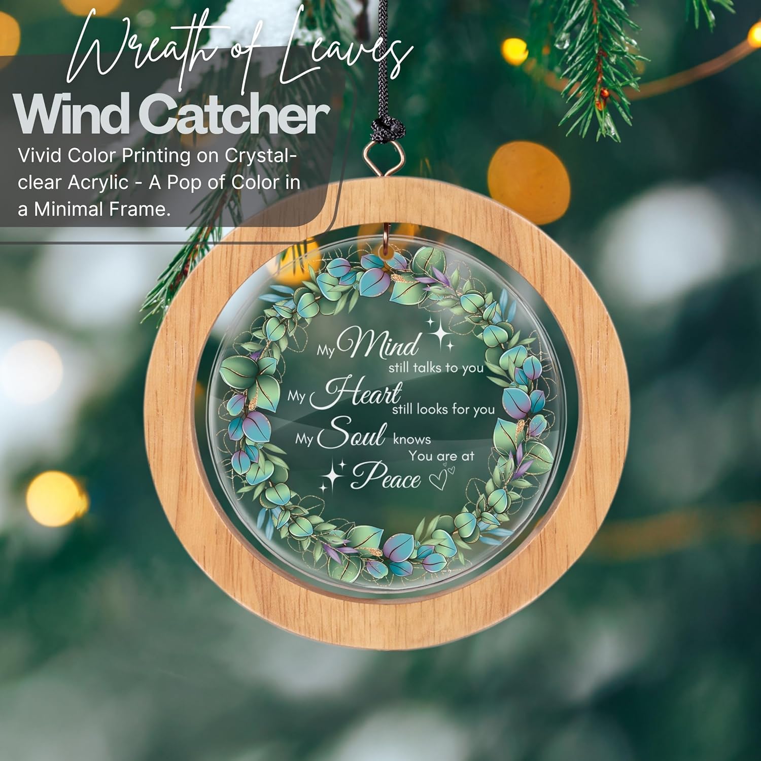 Wind Chimes for Outside, Wind Chimes Outdoor Clearance, Deep Tone Outdoors, Wreath of Leaves Wind Chime, Memorial, Sympathy Gift, Patio, Porch, Home Décor, Modern, Acrylic Art, Silver (34" Wreath)