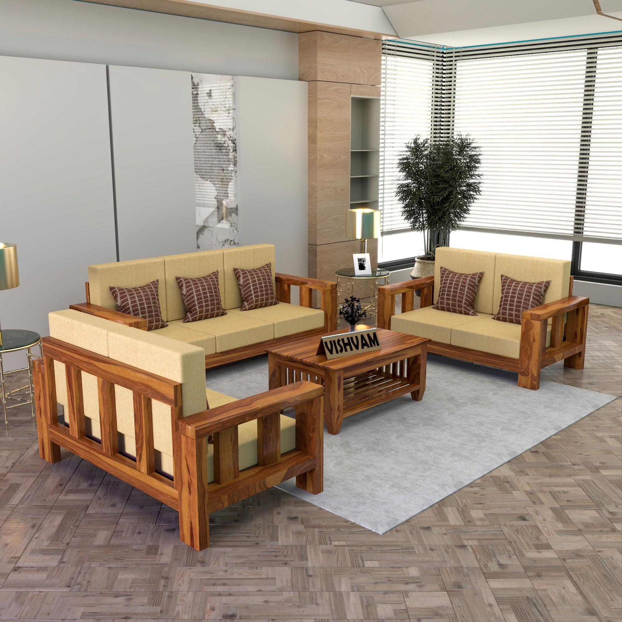 Sheesham Wooden 7 Seater Sofa Set for Living Room | Solid Wood Sofa | Rosewood Sofa Set for Home & Office | Lounge (Honey, 3+2+2 Seater)-image-28