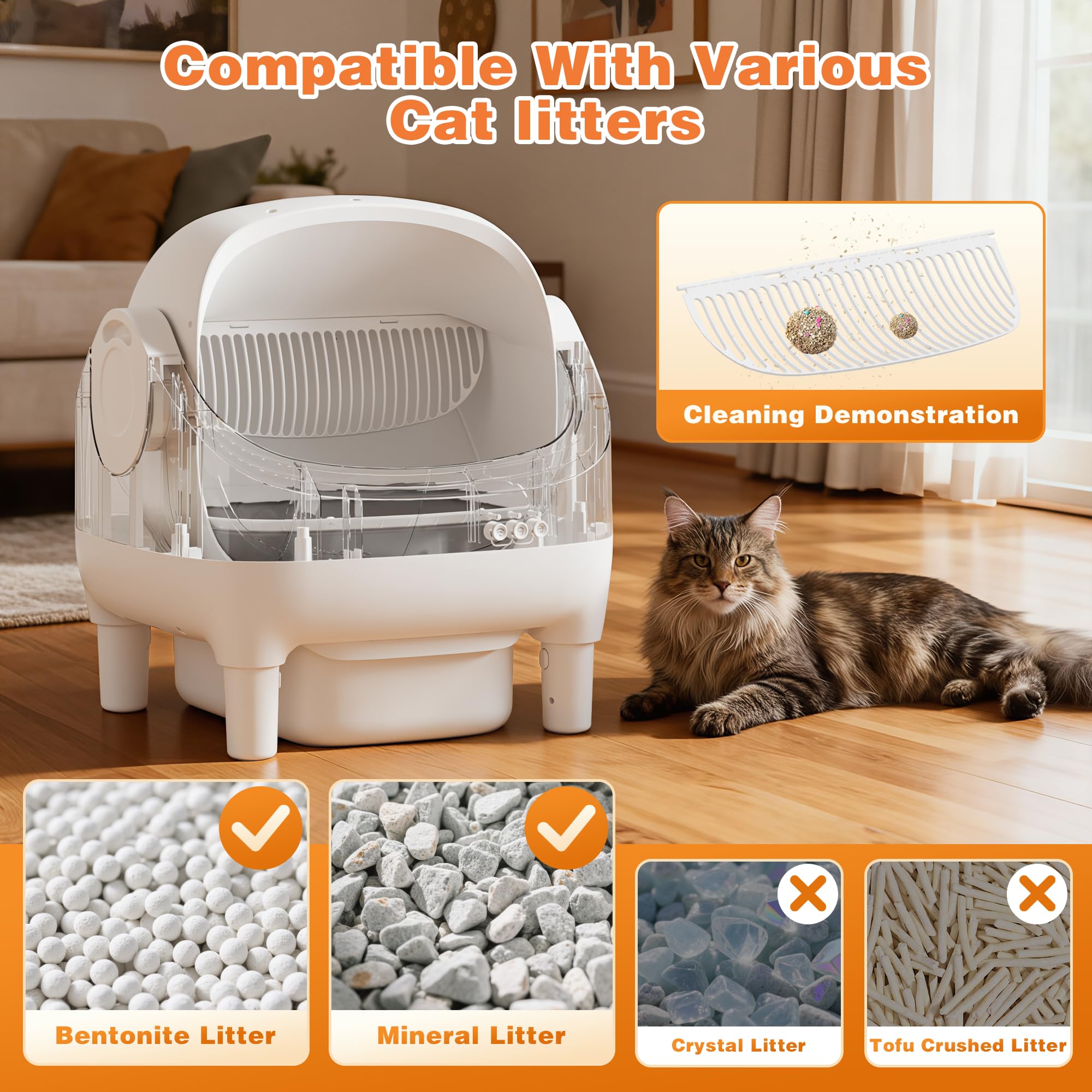 Greesum Self Cleaning Cat Litter Box – Automatic Open-Top Smart Litter Box with App Control, 15L Odor-Sealed Waste Bin, Ultra Quiet 35dB, Multi-Cat & Large Cat Compatible, with Trash Bags & Mat - image 6