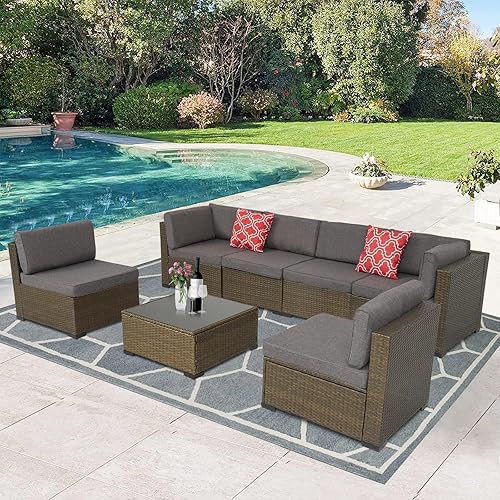 Kinsunny 7 PCs Outdoor Patio Conversation Sets, Sectional Sofa Set w/Tea Table and Washable Cushions for Backyard/Pool (Dark Grey)