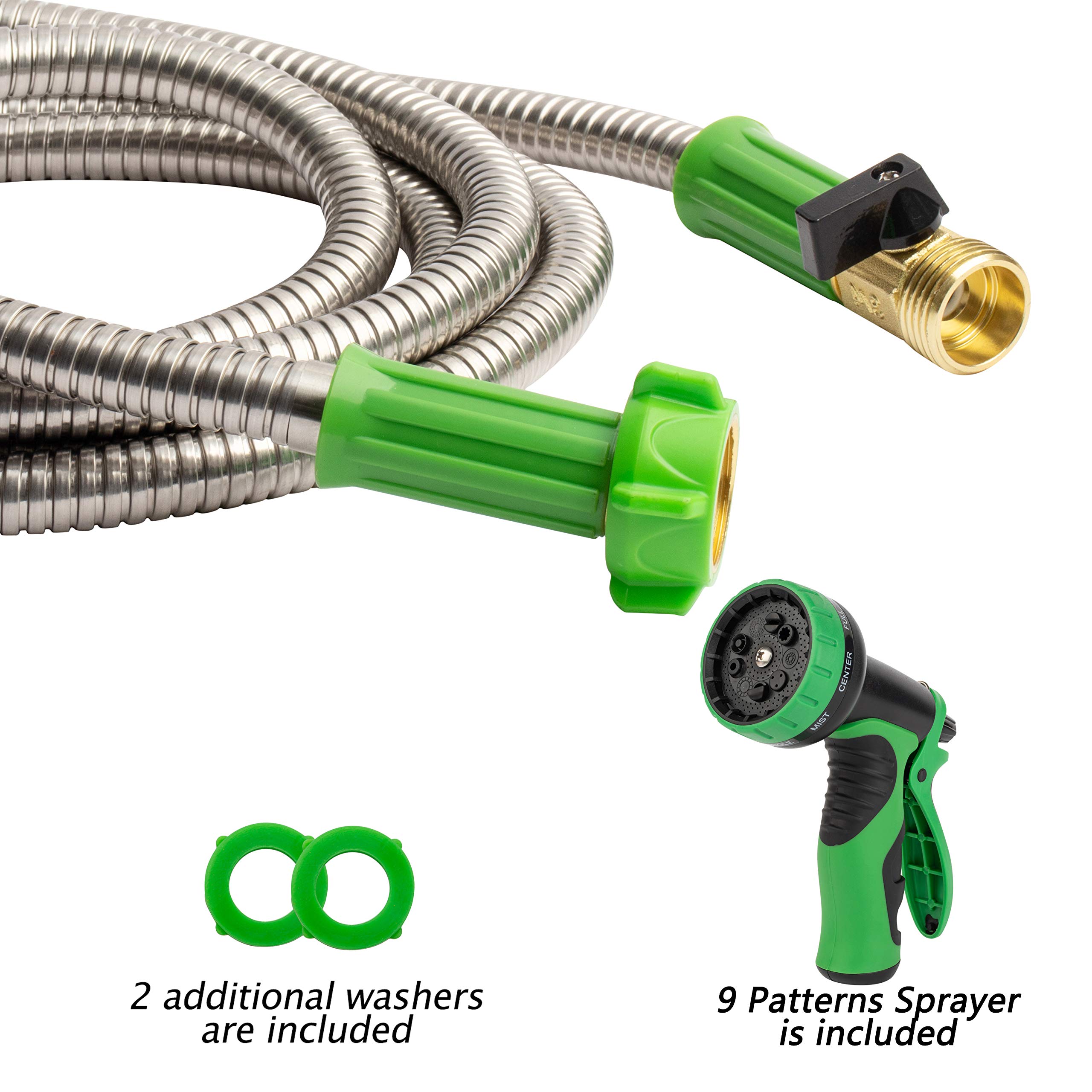 Yanwoo 304 Stainless Steel 30ft Garden Hose with Sprayer Nozzle and ON/OFF Valve, Lightweight, Kink-Free, Heavy Duty Outdoor Hose (30ft)