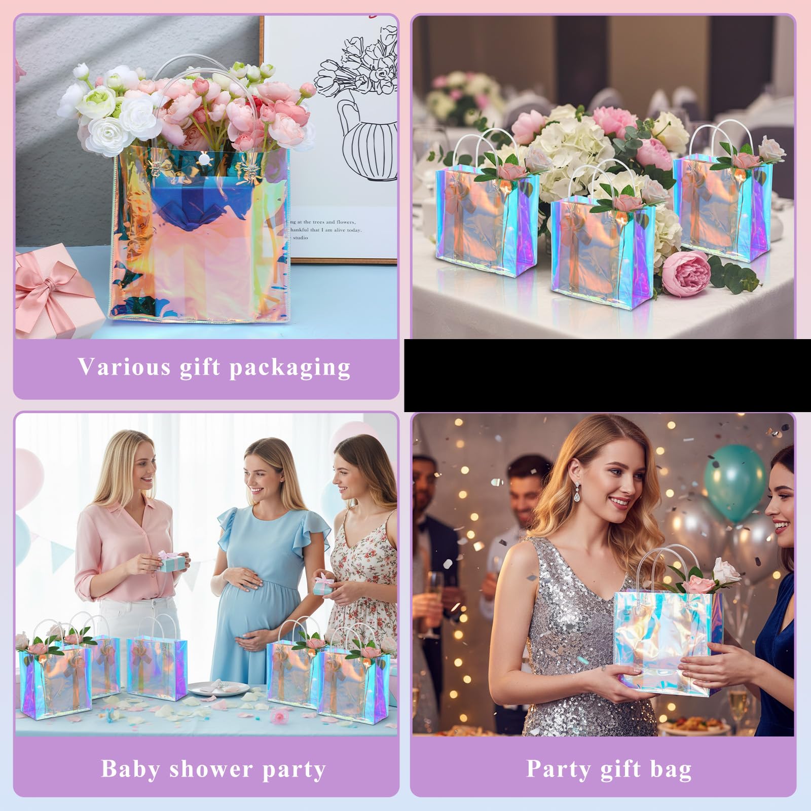 Yuanan 16 PCS Holographic Gift Bags, Iridescent Gift Bags Reusable Pvc Gifts Wrap Bag Clear Gifts Bag with Handles for Shopping Christmas Holiday Party Favor(7.8 X 7.8 X 3.5 Inch, Rainbow)