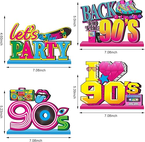 Miniatura 2 de Eiurteao 4 piezas de decoración de fiesta de los 90, letrero de mesa de madera, tema retro de los años 90, centros de mesa de mesa de los 90,