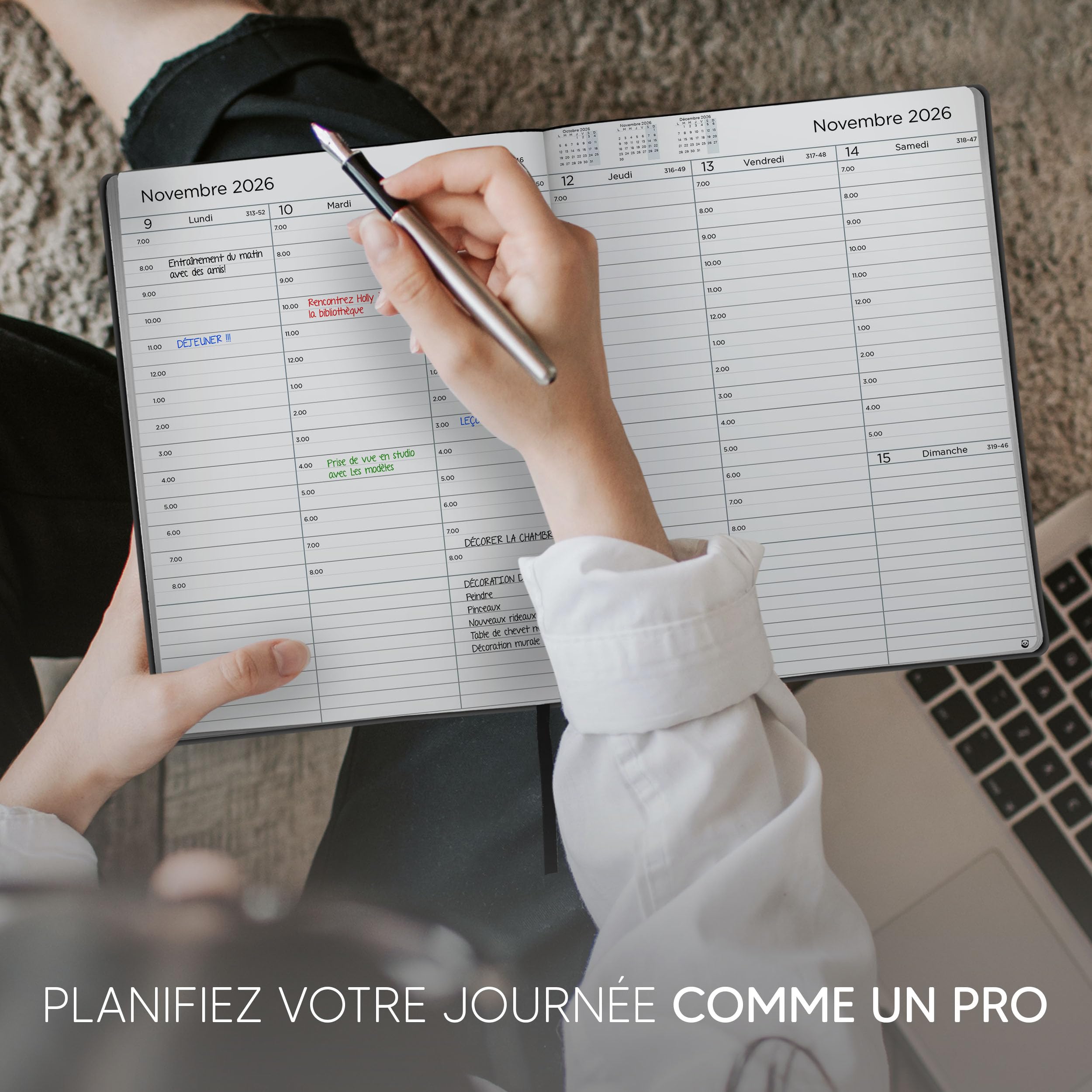 Agenda Semainier Premium 2026 par Smart Panda – A4, Couverture Souple, Argent – Intervalles de 30 minutes avec Boîte Cadeau – Calendrier Annuel, Novembre 2025 - Décembre 2026 – en Français