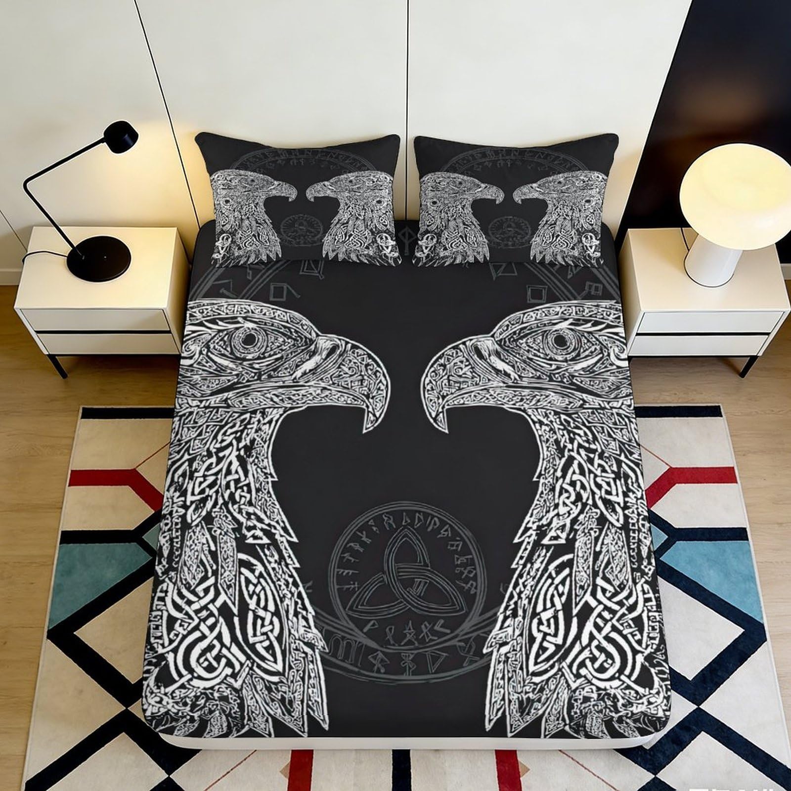 Pnayamiorkfel Style-2 3D Printed Viking Eagle Fitted Sheet Microfiber Decorative Norse Raven Bed Cover For Bedroom Dorm Mattress Protection 90X200x25cm