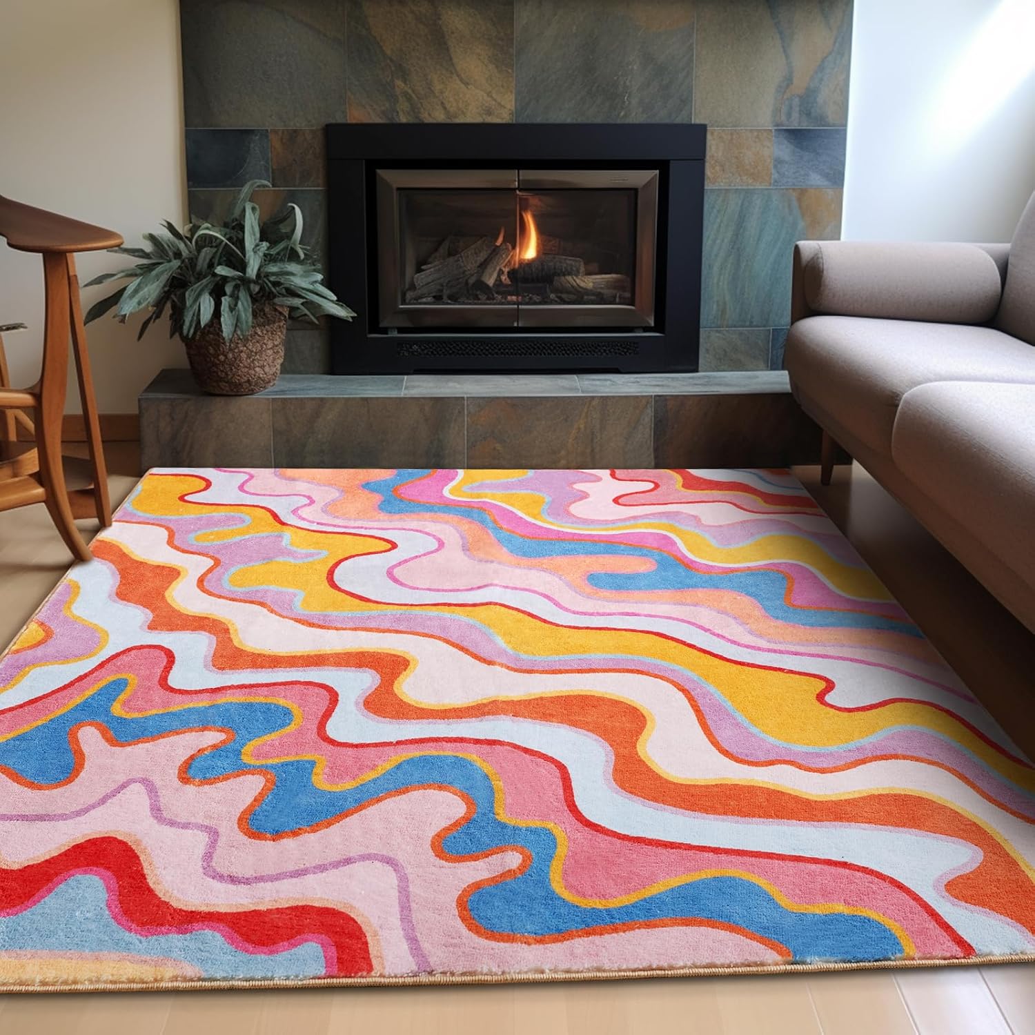 Colorful Abstract 5x7 Area Rug Ultra Thin Light Weight Funky Aesthetic Colorful Striped Living Room Rug Orange Blush Washable Carpet for Kitchen Entryway Bedroom Dining Room Dorm Office ["5'x7'"] ['Colorful Blush']