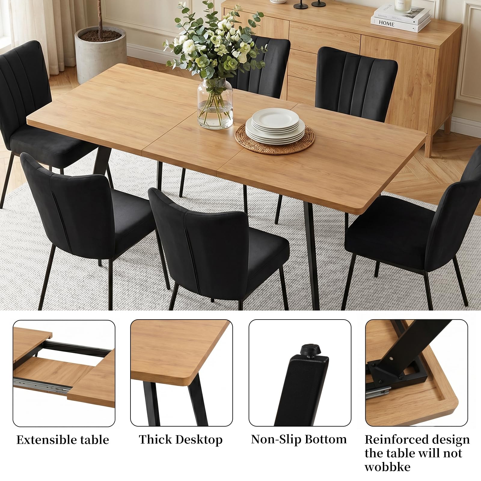 JIEXI Ausziehbares Esstisch-Set mit 6 Stühlen, platzsparender MDF-Tisch und stabilem Metallgestell, ideal für Esszimmer, Küchen und Wohnungen – Tisch in Eiche + Stühle mit schwarzem Samtbezug