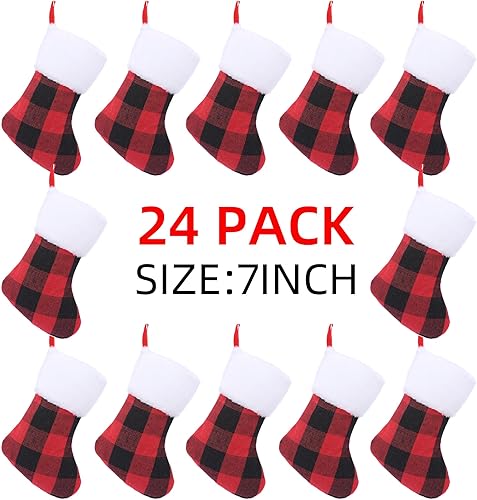 Miniatura 5 de Mini medias de Navidad de 7 pulgadas, 24 piezas, medias de Navidad a cuadros, adornos de hamging de Navidad