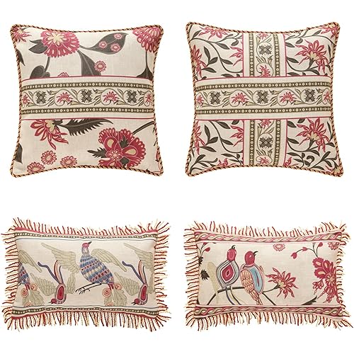 patdrea Designer Throw Pillow Covers Set of 4,Vintage Red Linen Pillowcases with Flower and Birds Pattern Pillows Cover for Couch,Farmhouse Decorative Cushion for Bed Living Room Outdoor Car
