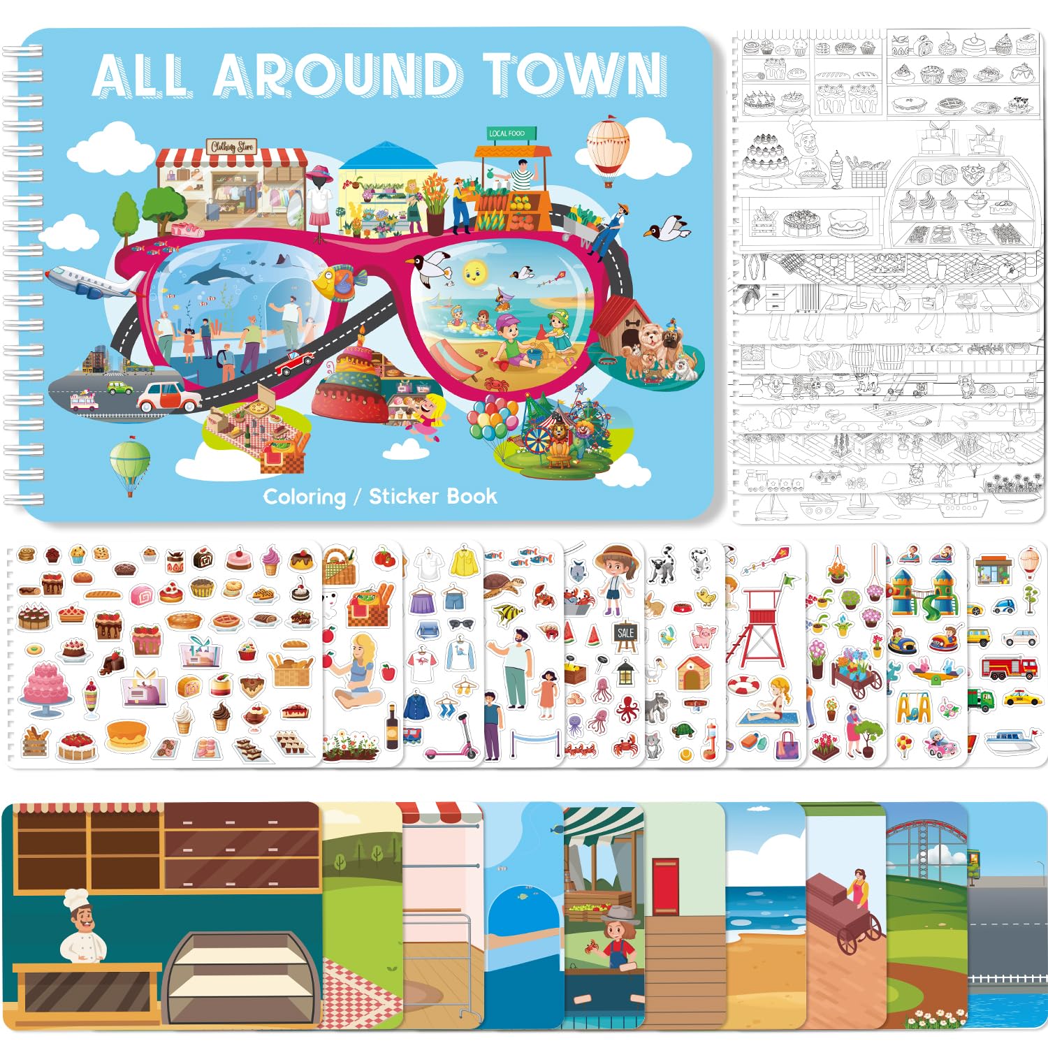 Fun Sticker Book for Kids Ages 2-4, All Around Town Theme Kids Activity Book with 500+ Stickers and 10 Coloring Pages, Toddlers Airplane Activity Toys