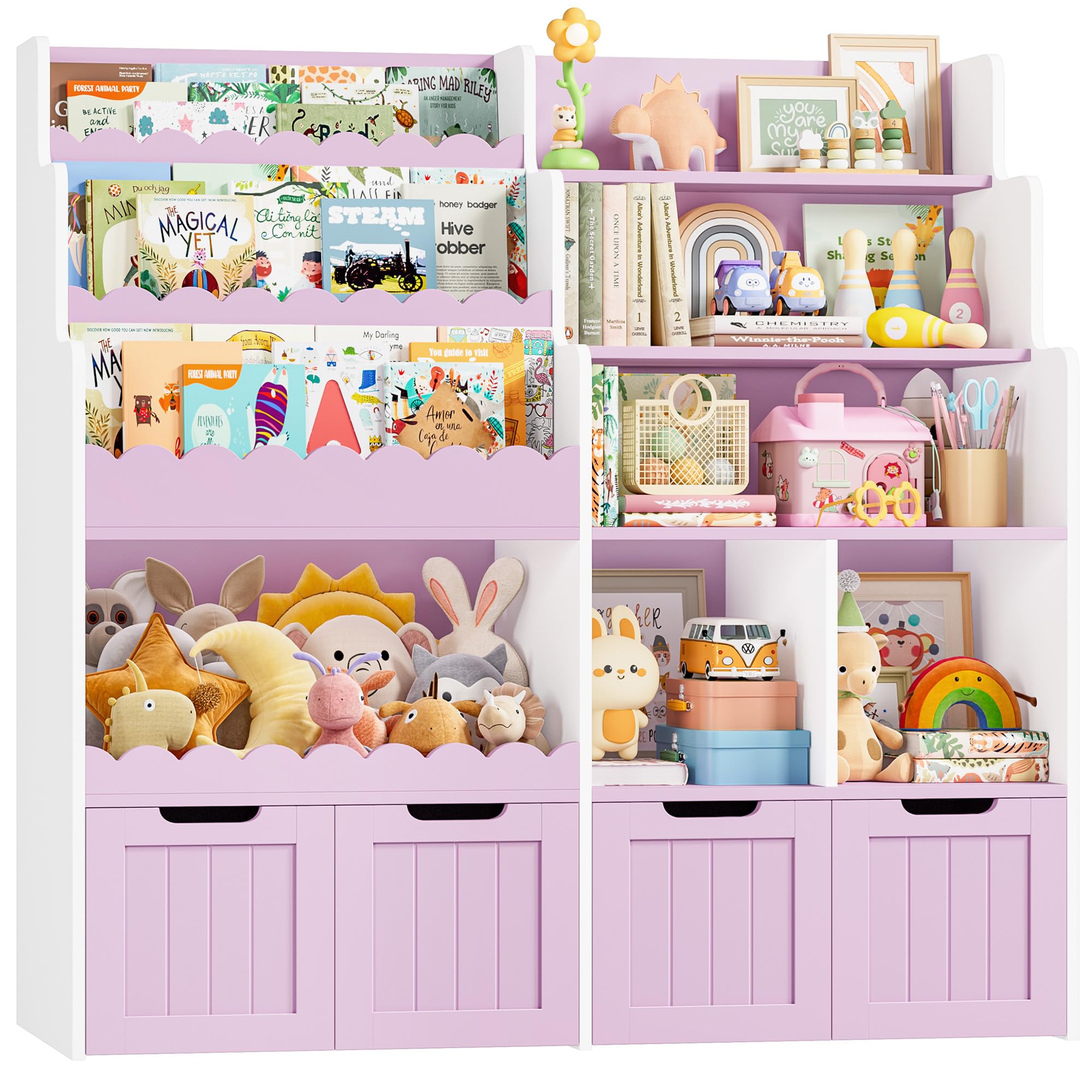 FOREHILL Libreria Montessoriana per Bambini, Porta Giochi Bambini a 4 Cassetti con Ruote Girevoli a 360°, Mobile Porta Giochi con Libreria a 3 Ripiani, 5 Scomparti Aperti, 125.5x40x120 cm (Lilla)