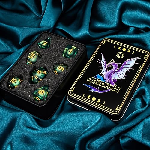 Miniatura 7 de ARUOHHA DND - Juego de dados de resina con núcleo líquido D y D de ojo de dragón con caja de regalo, dados de bordes afilados verdes, mazmorras y