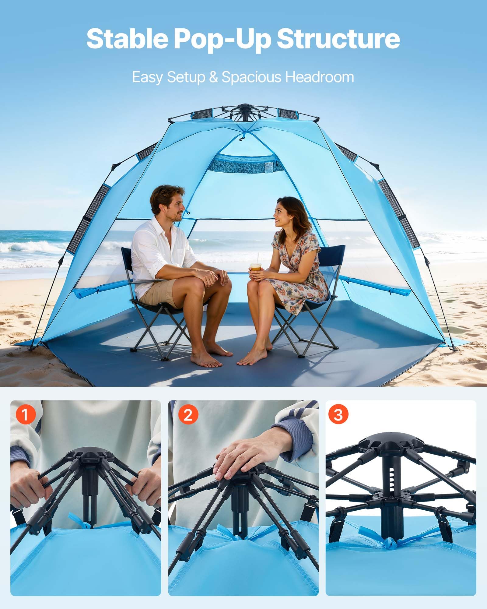 VEVOR Tienda de Playa para 4 Personas 250 x 130 x 145 cm, Carpa de Refugio de Sol Protección UPF 50+, Carpa Portátil de Playa con Bolsa de Transporte y Bolsillos para Arena, para Picnics, Azul