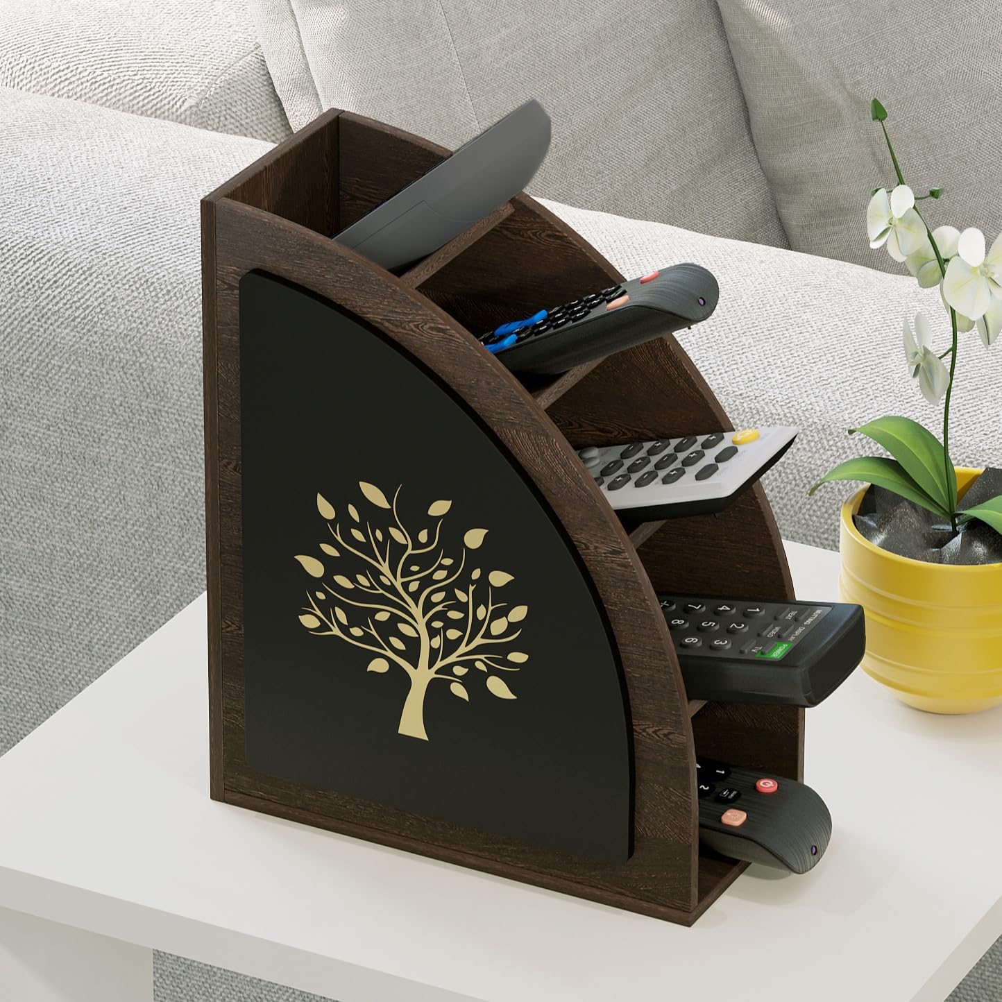 BLUEWUD Otto Engineered Wood Multicompartment Remote Holder/Stand, Desk Organizers for Center and coffee table Desk Organizers Dining Hall Livingroom Home Furniture (Wenge with Golden Tree Design)-image-40