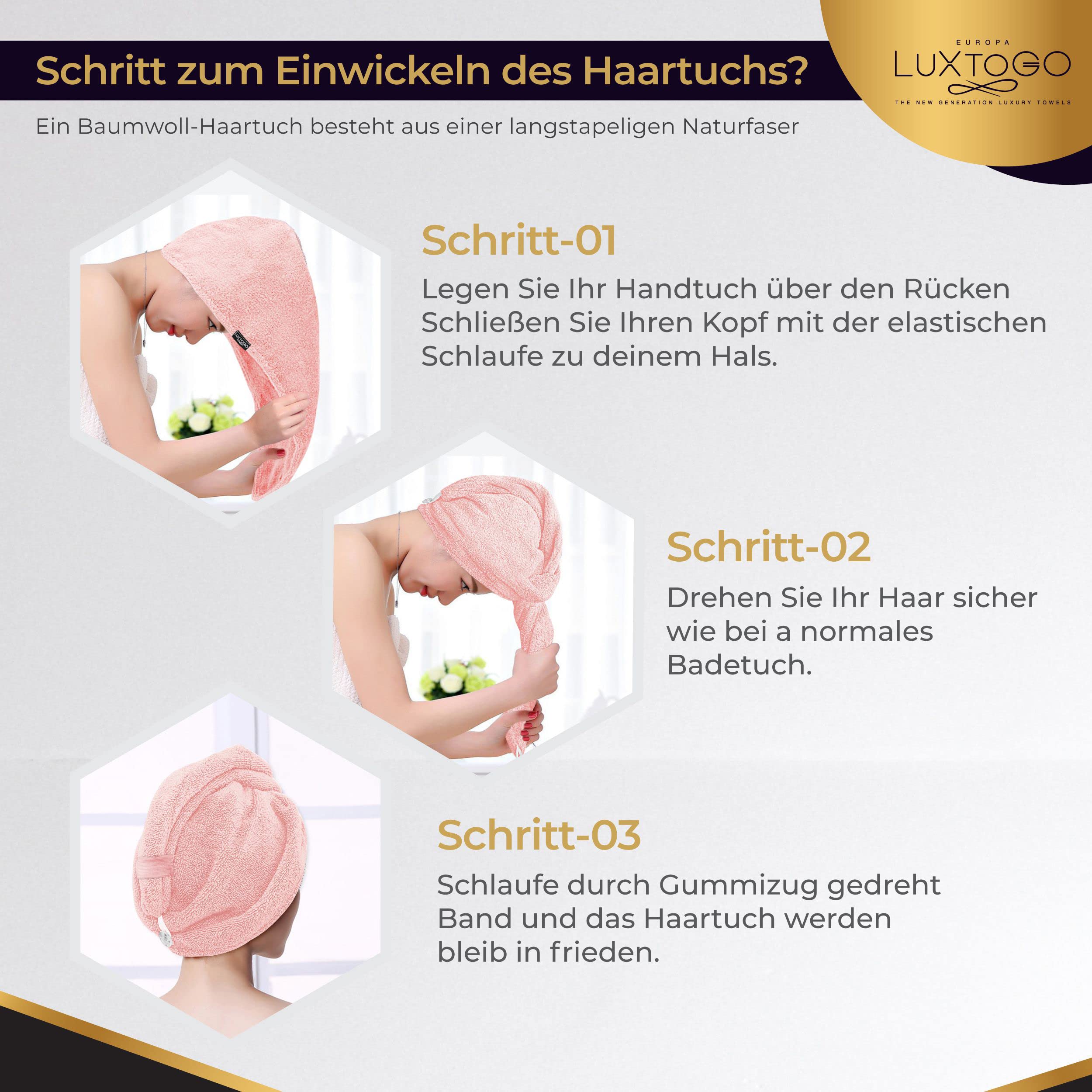 Haarturban-Premium Haarhandtuch 100% Baumwolle, Hochwertiges Turban Handtuch mit Knopf und Gummizug, Super Saugfähiges Kopfhandtuch (2 STK Weiß+Rosa)