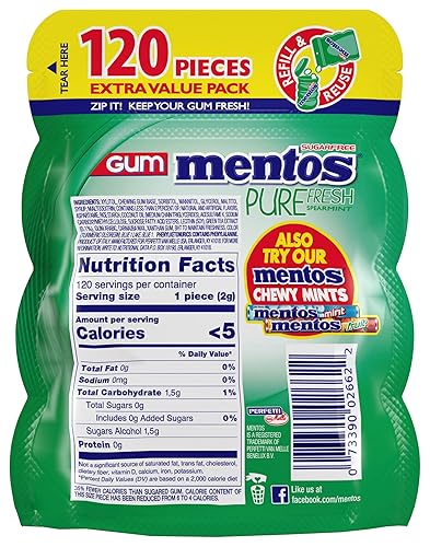 Miniatura 3 de Mentos Pure Fresh - Goma de mascar sin azúcar con xilitol, menta verde, bolsa resellable de 120 piezas (paquete de 1) con chicle Mentos Pure Fresh