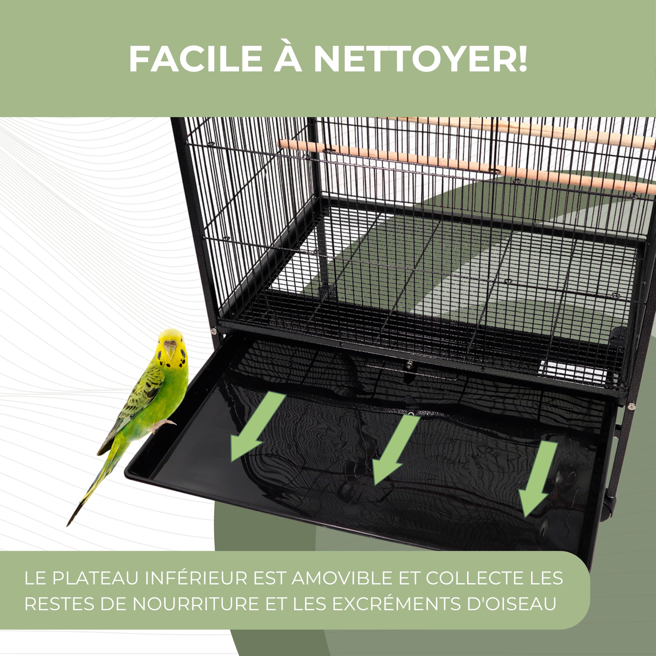 Mobiclinic Cage à Oiseaux XL 95x43x61.5 cm Roues de Transport Freins Ouverture Supérieure Plateau Amovible 8 Portes