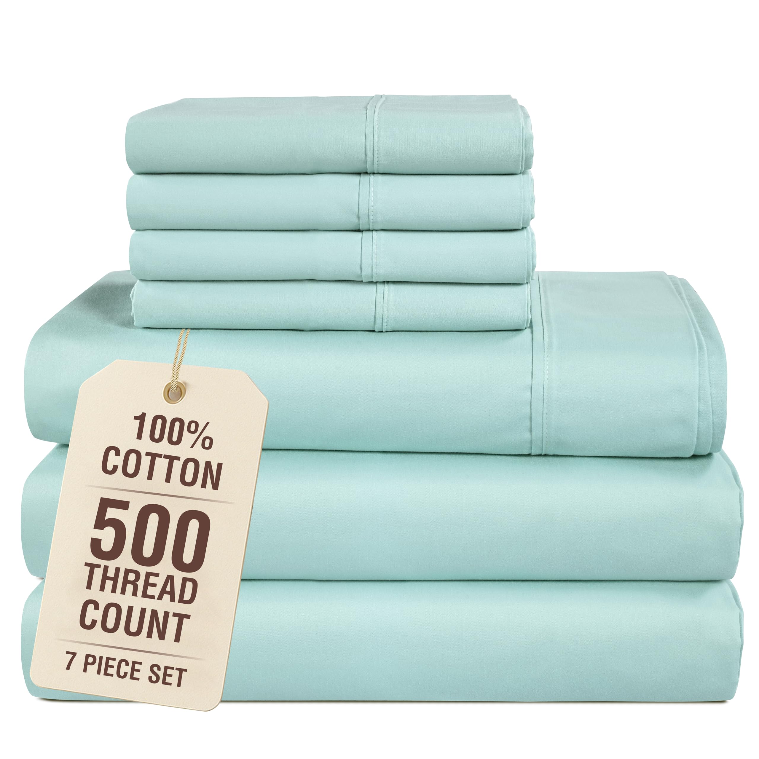 Casa Platino 100% Cotton Split King Sheet Set 500 Thread Count 7 Piece Blue Sky