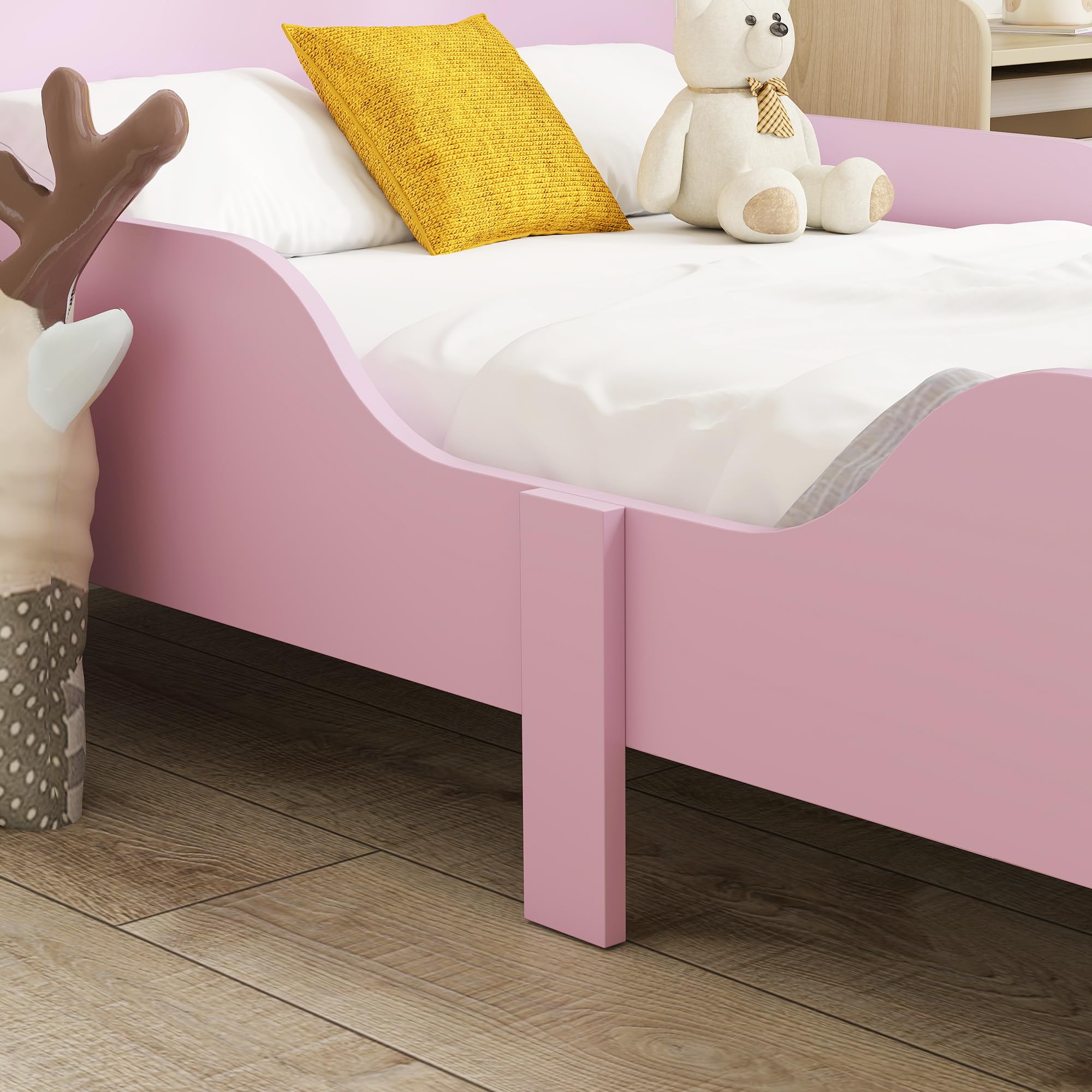 AIYAPLAY Kinderbett mit Rausfallschutz, Lattenrost, 140 x 70 cm Jugendbett mit Kopf- und Fußteil, Einzelbett aus Holz, Holzbett für Mädchen und Jungen, Rosa | mit Rausfallschutz