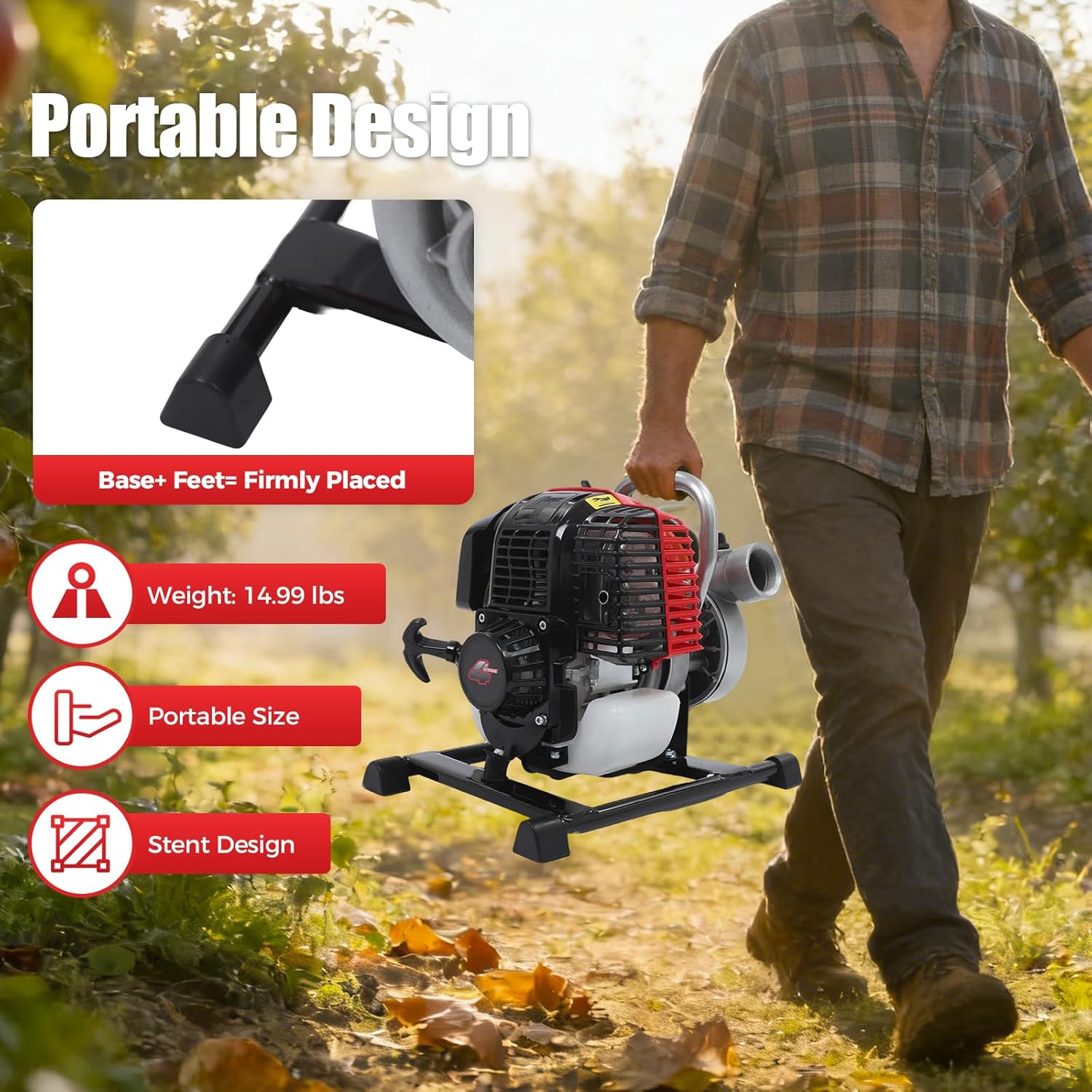 1.6HP 4-Stroke Gas Water Pump- 1.5" Trash Pump,High Flow Pump (66 GPM) with 91.86ft Lift, 22.97ft Suction, 23.67Oz Tank (8H Runtime) for Garden, Farmland, Outdoor Irrigation