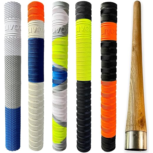 Sixteen Better Shock Absorption Cricket Bat Rubber Grip with Cone for Boys Cricket Bat Handle Accessories Grips (5 Bat Grip & 1 Wooden Cone) (Multi texture)