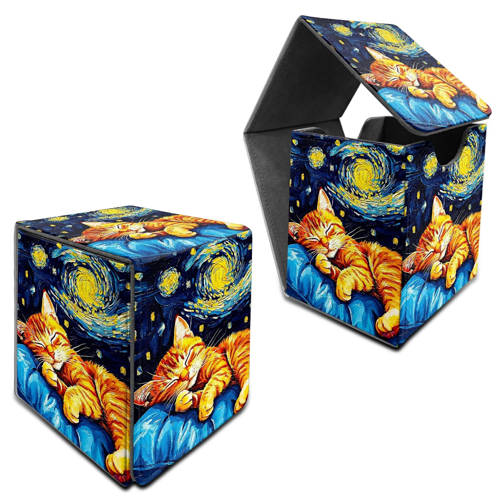 RWUTYTIUL Deck Box for MTG, Cards Storage Box Fits 120+ Sleeved, Leather Medium Size Strong Magnetic Closing Card Case for Board Games Magic TCG CCG Baseball Collection, Galaxy Orange Cat