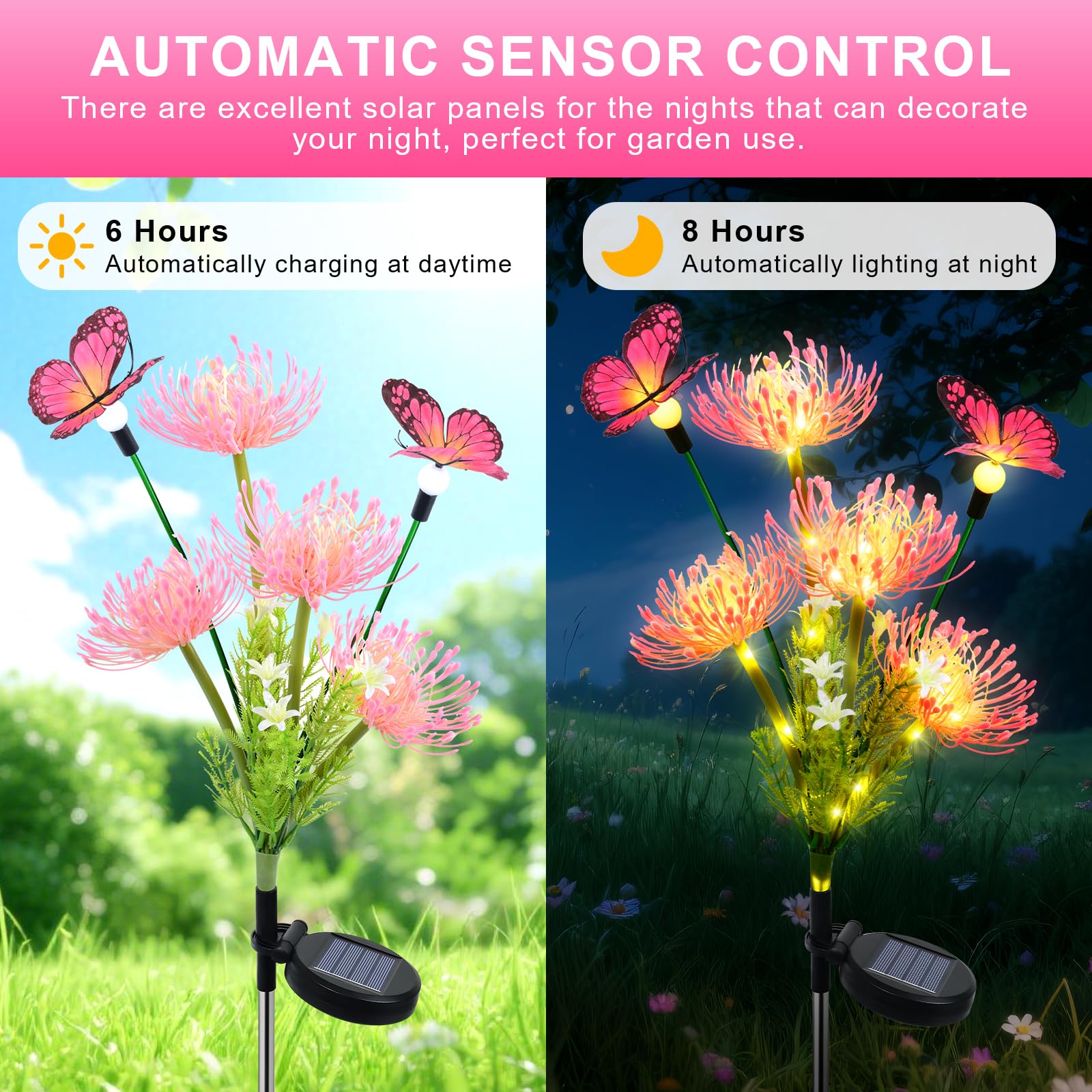 Qoosea 2 Pack Solar Lights Garden Ornaments, Flower with Butterfly LED Solar Lights Outdoor Decoration - Image 3