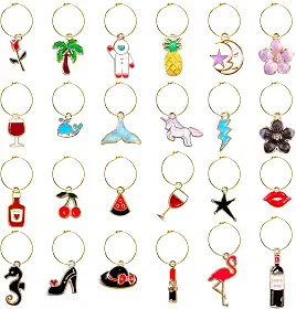 24 peças de pingentes e marcadores de vidro – Identificador de taças de vinho, etiquetas para Natal, Ação de Graças, Páscoa, decorações de festa de aniversário, Zinco, gotas de óleo