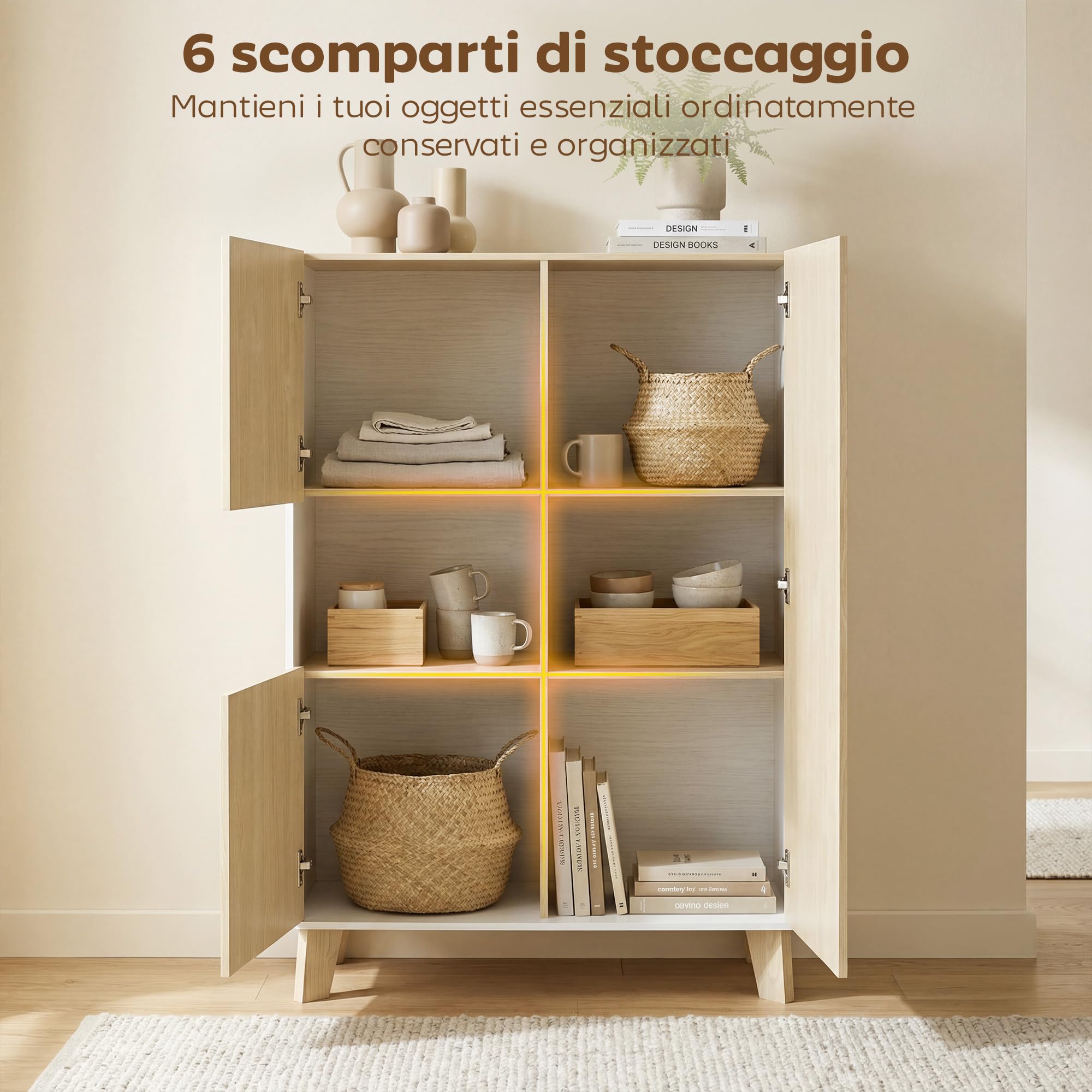 HOMCOM Credenza Cucina, Mobile Cucina 6 Scomparti Bianco e Color Legno | Credenza Buffet, Ante a Chiusura Ammortizzata, Soggiorno, Salotto, Sala da Pranzo