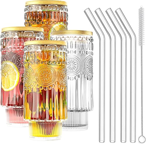 Vasos de vidrio con tapas y popotes, juego de 4 vasos de 12 onzas, cristalería acanalada, aptos para lavavajillas, vasos de cóctel, transparentes,