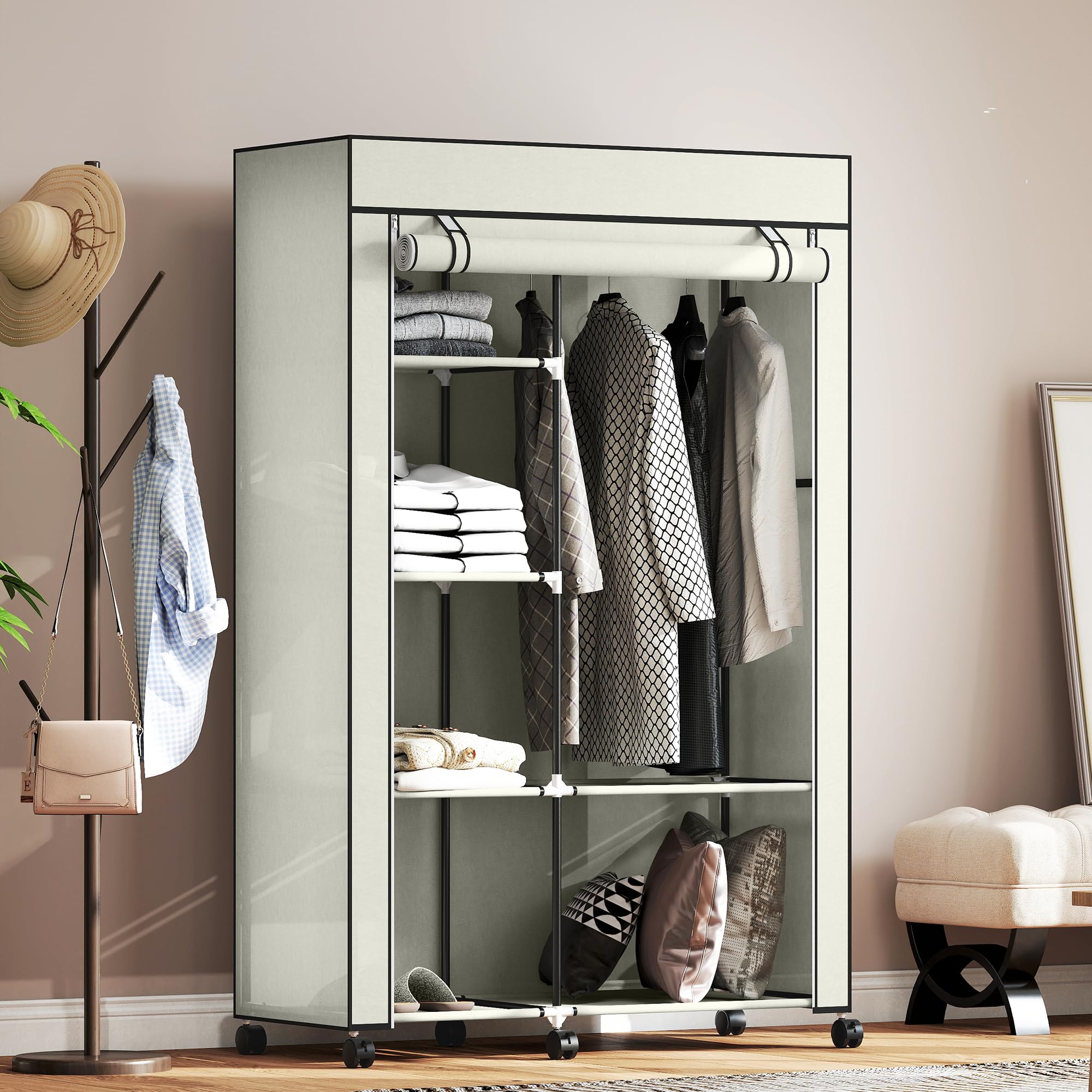 HOMCOM Armoire penderie en Tissu Meuble de Rangement Mobile 6 roulettes avec Tringle à vêtements et étagères Ouvertes penderie vêtement Dressing Roulant pour Chambre à Coucher 103x43x162,5cm crème