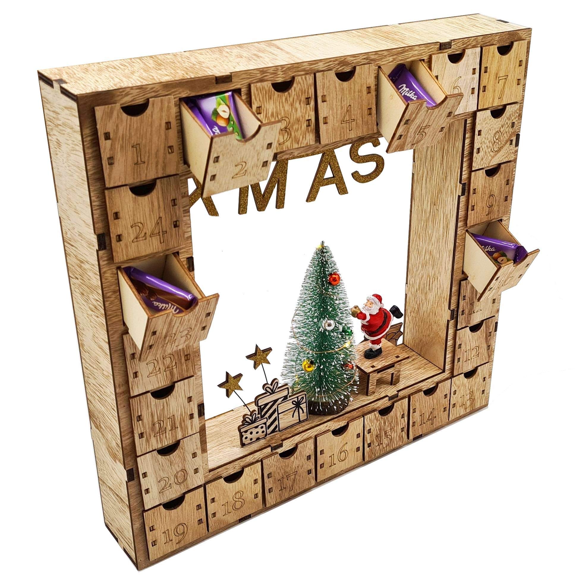 Wichtelstube-Kollektion Adventskalender Weihnachtsbaum Holz zum befüllen, wiederverwendbar, LED Beleuchtung ca. 35cm Weihnachtskalender mit Schubladen zum selbstbefüllen