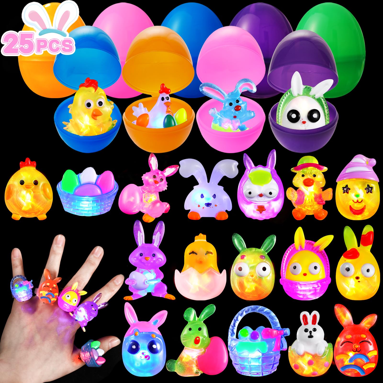 Mikulala 25PCS Prefilled Easter Eggs with Light up Rings Cute Easter Egg Hunt Glow Rings Party Bag Fillers for Kids Easter Gifts Classroom Prizes