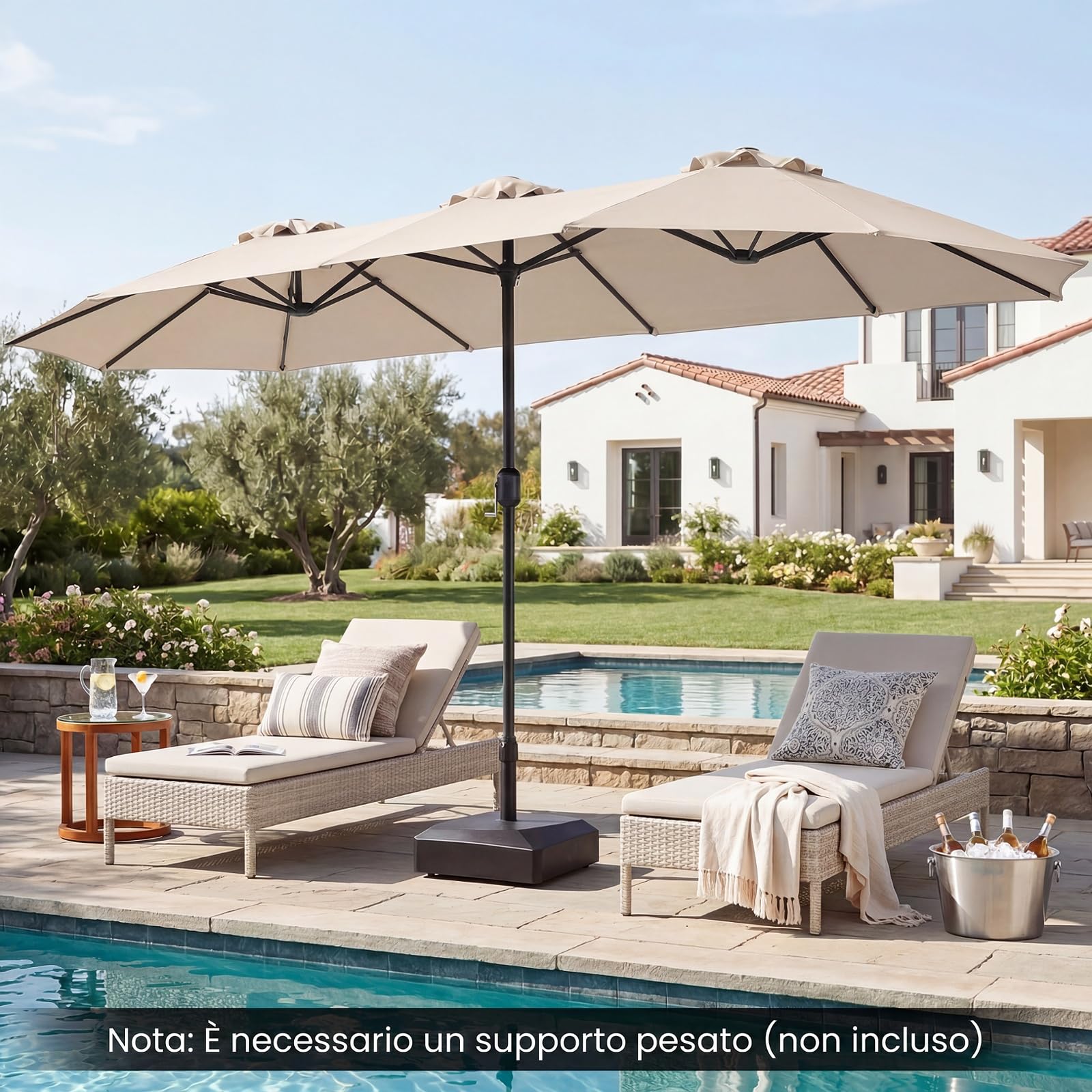COSTWAY Ombrellone da Giardino Doppio 375 x 215 cm, con Manovella, Anti-UV, 12 Stecche Metalliche, per Terrazza, Piscina e Cortile (Beige, 375 x 215 cm non luci)