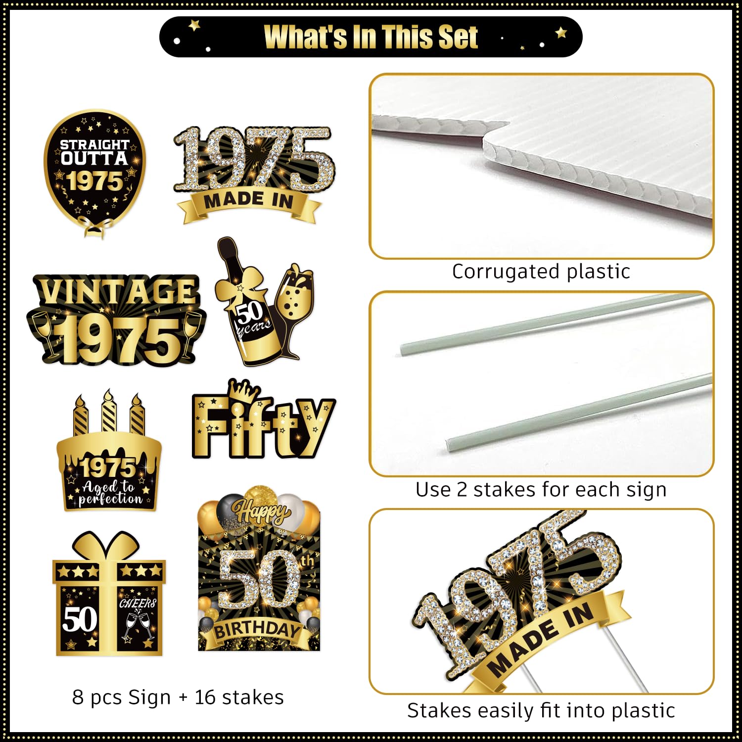 Singult Lot De 8 Panneaux De Cour « Happy 50th Birthday » De 1974 Avec 16 Piquets, Lettres De Décoration De Cour, Cupcakes, Décorations D'extérieur Résistantes Aux Intempéries Pour 50e Anniversaire
