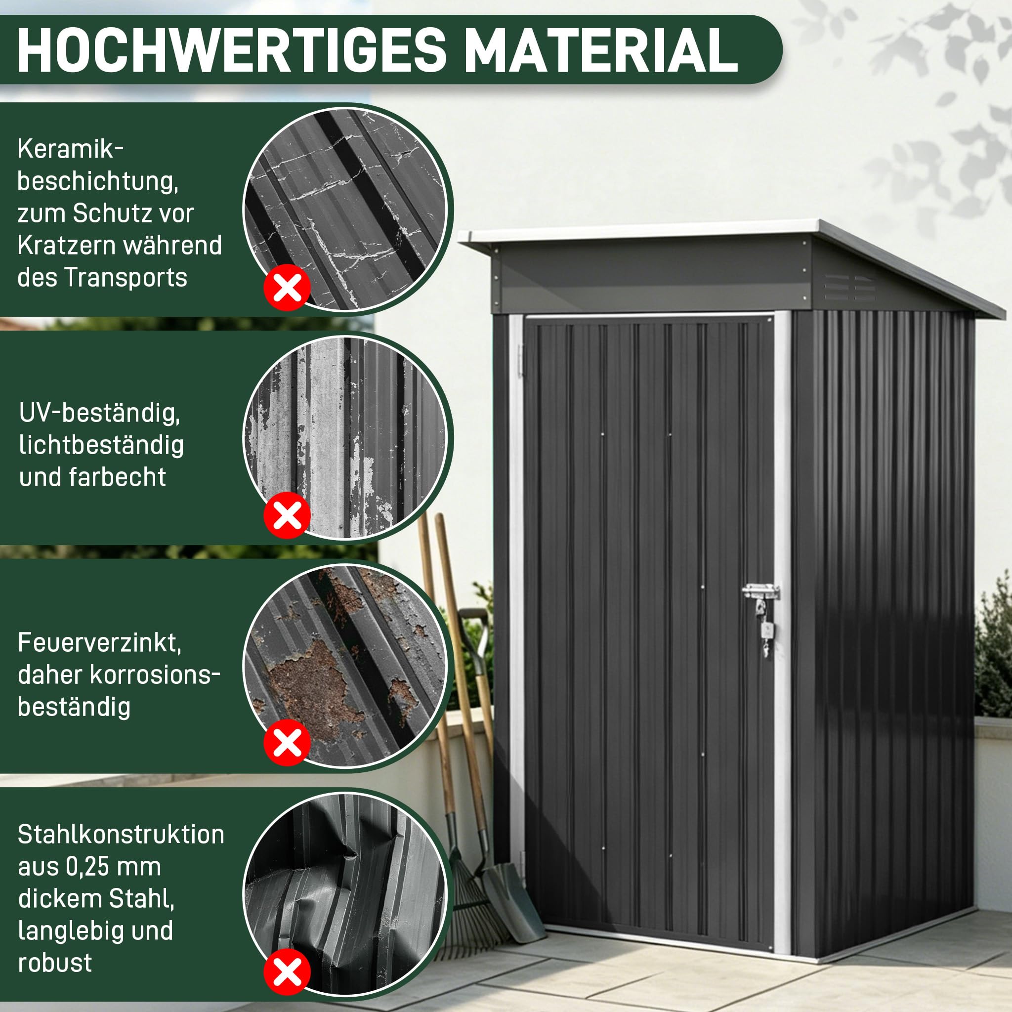 LZQ Gerätehaus Metall Gartenhaus Geräteschuppen wetterfest abschließbar, Stahl Gartenschuppen mit Pultdach, Werkzeugschuppen inkl Arbeitshandschuhe für Garten, Hof & Lager, Schwarz 96 x 75 x 185 cm
