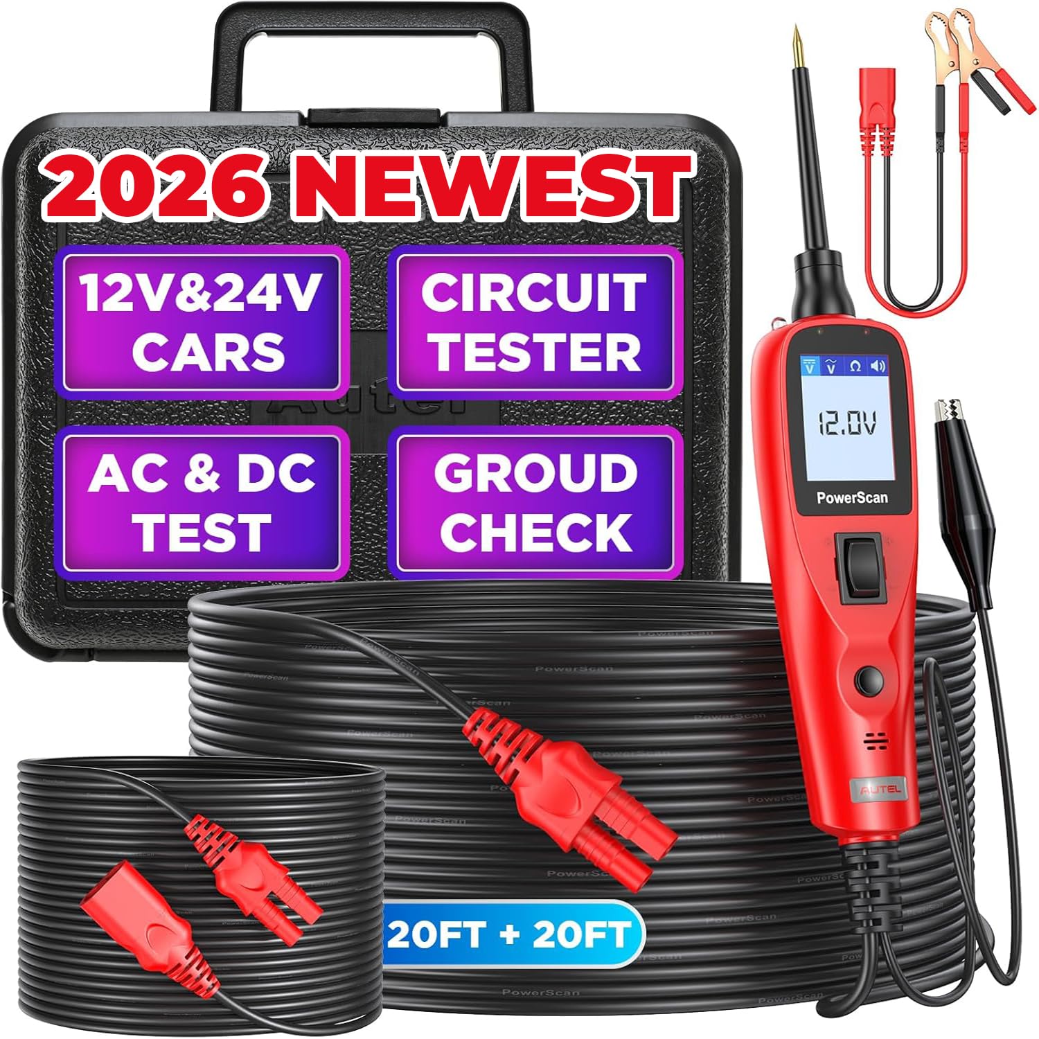 Autel Circuit Tester 2026, PowerScan PS100 Automotive Circuit Tester, 12-24V Electrical Short Open Breaker Circuit Finder, Digital Multimeter/Relay & Diode Resistance Tool Kit, 20FT Extra Cord