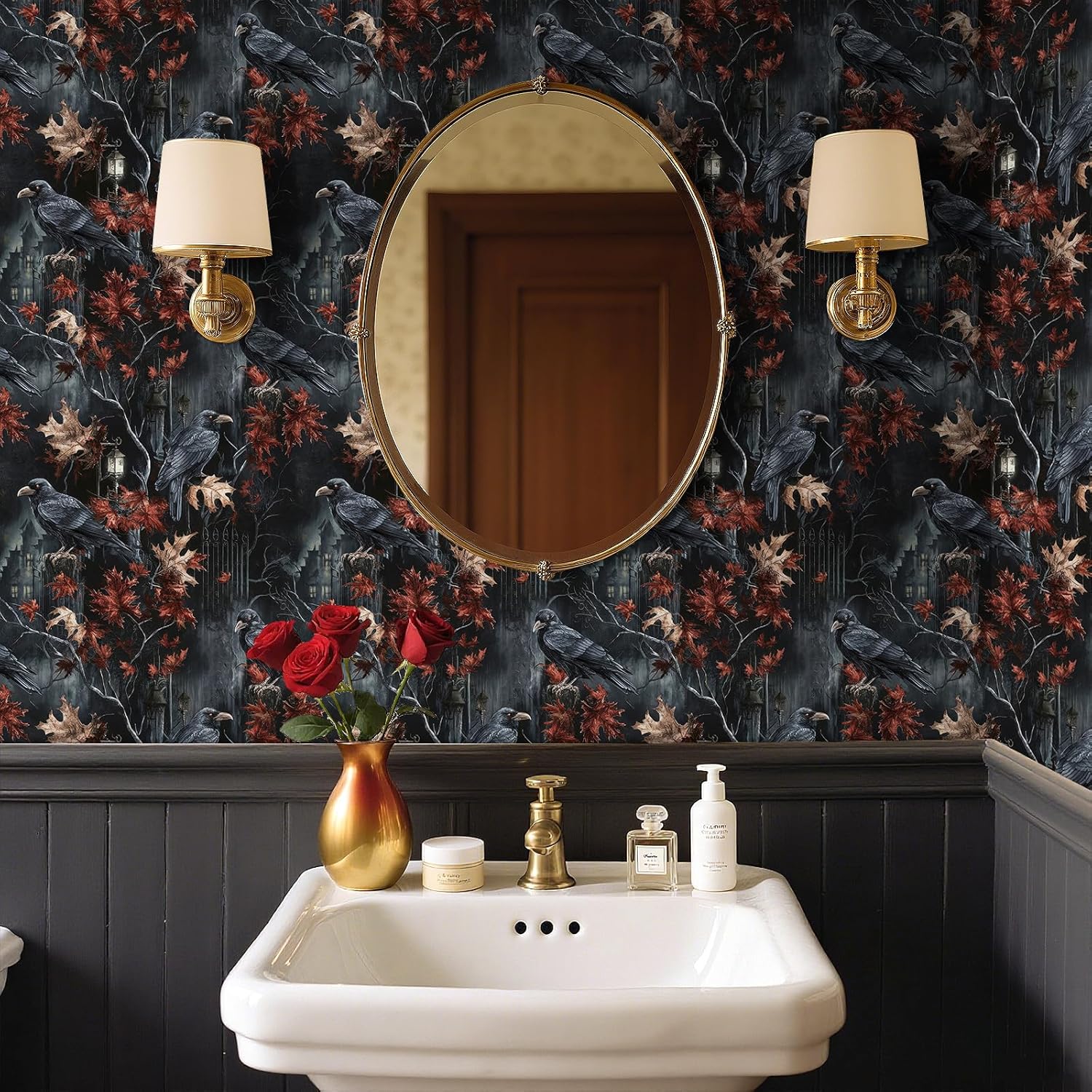 LaCheery 17.5"x275" Dark Moody Gothic Peel and Stick Wallpaper Black Crow Raven Wallpaper Self Adhesive Gothic Contact Paper Black Bird Castle Brown Withered Leaf Wall Paper for Bedroom Walls Cabinets