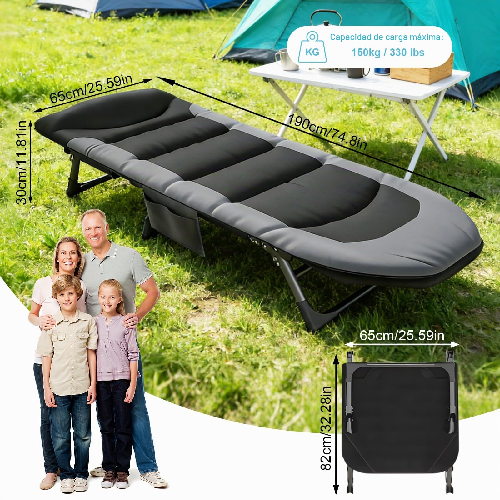 Cama Ultraligera Camping con Bolsillos Laterales, Cama Camping Plegable con Colchon, Respaldo Ajustable en 6 Posiciones, 180 x 65 x 30 cm, Cama de Exterior para Camping y Jardín (Negro)