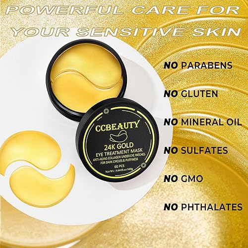 Miniatura 3 de Parches para debajo de los ojos de oro de 24 quilates para ojeras e hinchazón, máscara debajo de los ojos con colágeno para arrugas, máscaras