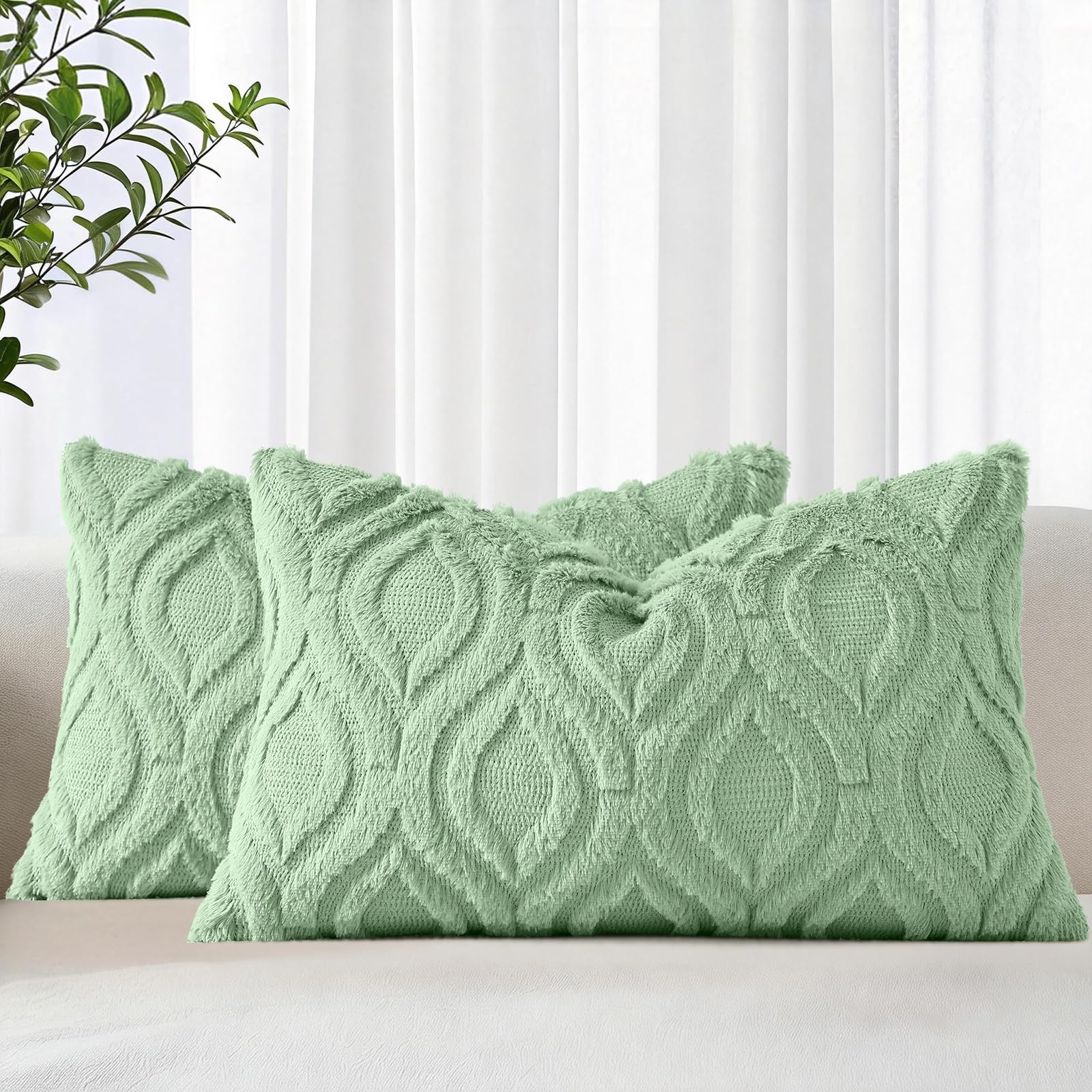 decorUhome Faux Fur Plush Sage Green Throw Pillow Covers 12x20 Set of 2