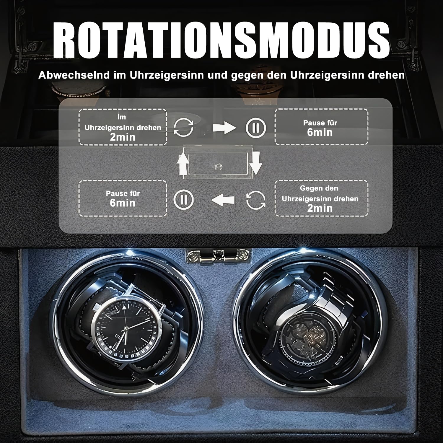 Watch Winder für Automatikuhren, mit LED-Beleuchtung und 8 zusätzlichen Aufbewahrungsboxen, automatische Uhrenbeweger-Box mit superleisem Motor, Verstellbarer Uhrenhalterung