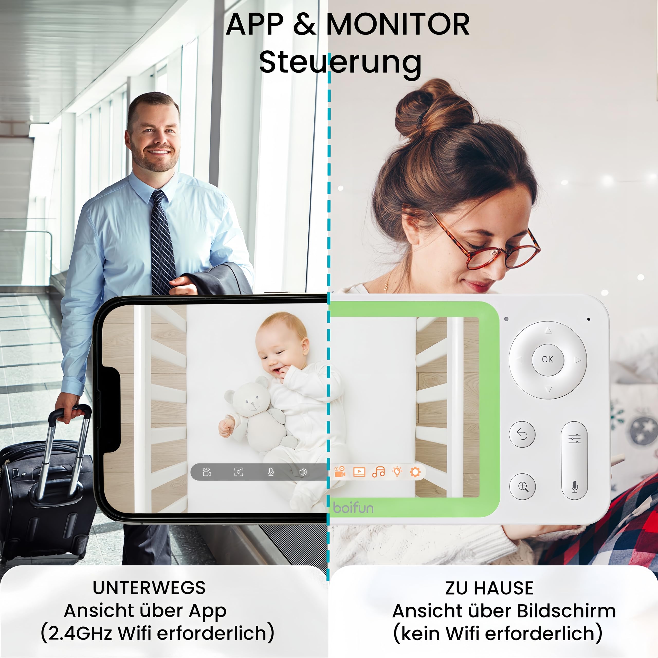 BOIFUN Babyphone mit 2 Kameras WLAN und App,Split-Screen-Ansicht,Bewegungs/Geräuscherkennung,VOX Modus,1080P HD,4×Zoom,4,3 Zoll LCD-Display Babyfon,Fütterungserinnerungen,Zonenalarme,Wiegenlied