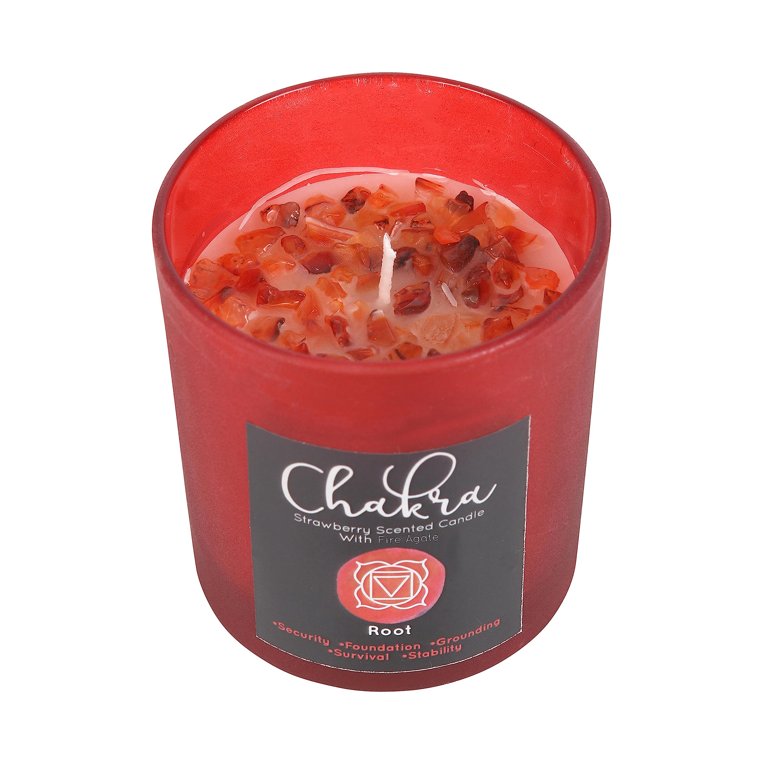 Root Chakra Strawberry Crystal Chip Candle | Red Glass Holder | Fire Agate Crystals | Spiritual Fragrance