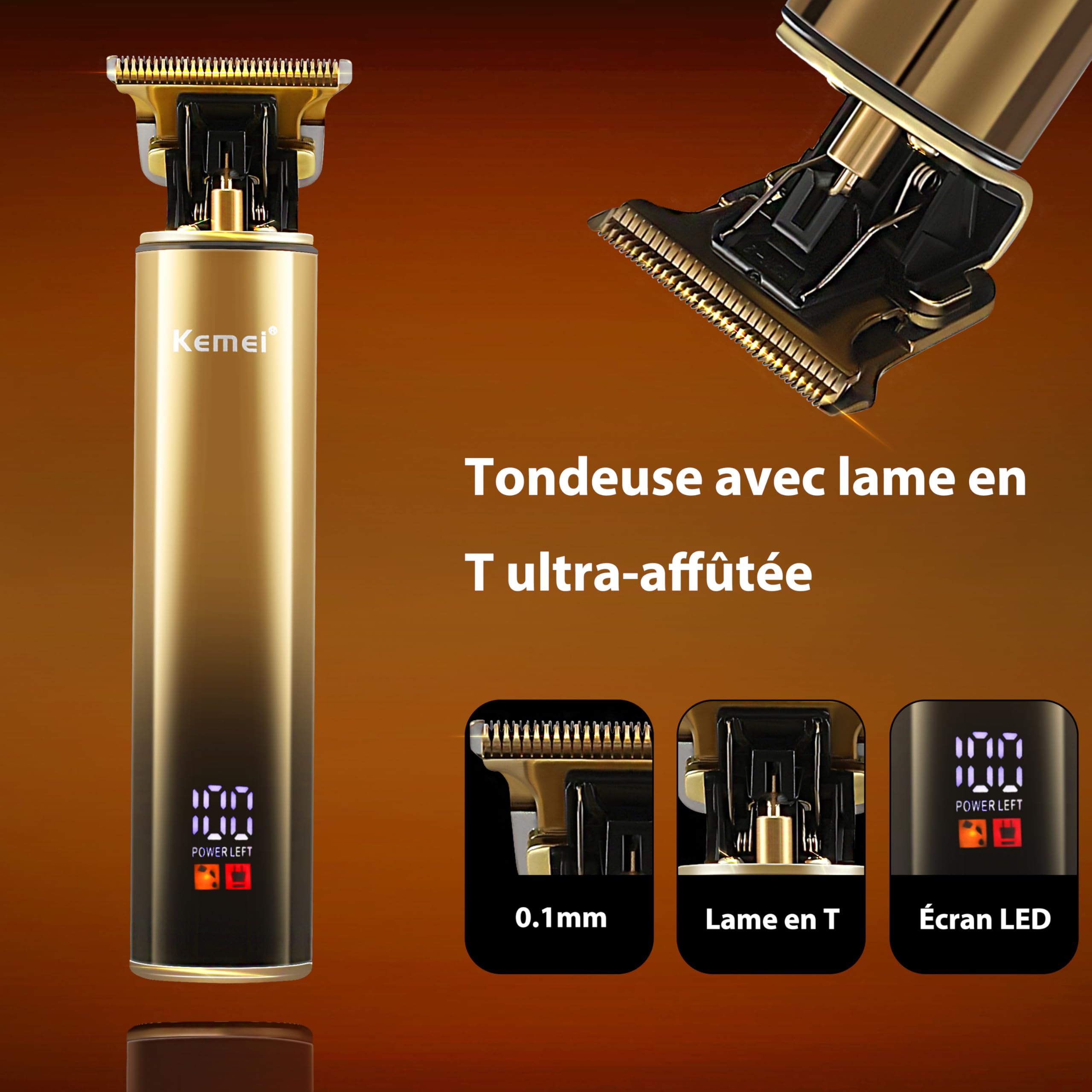 KEMEI T-Blade Tondeuse à Barbe pour Hommes et Rasoir Électrique à Foil, avec Écran LED, Kit de Coiffure Imperméable pour Barbiers/Usage Domestique, Cadeau pour Hommes